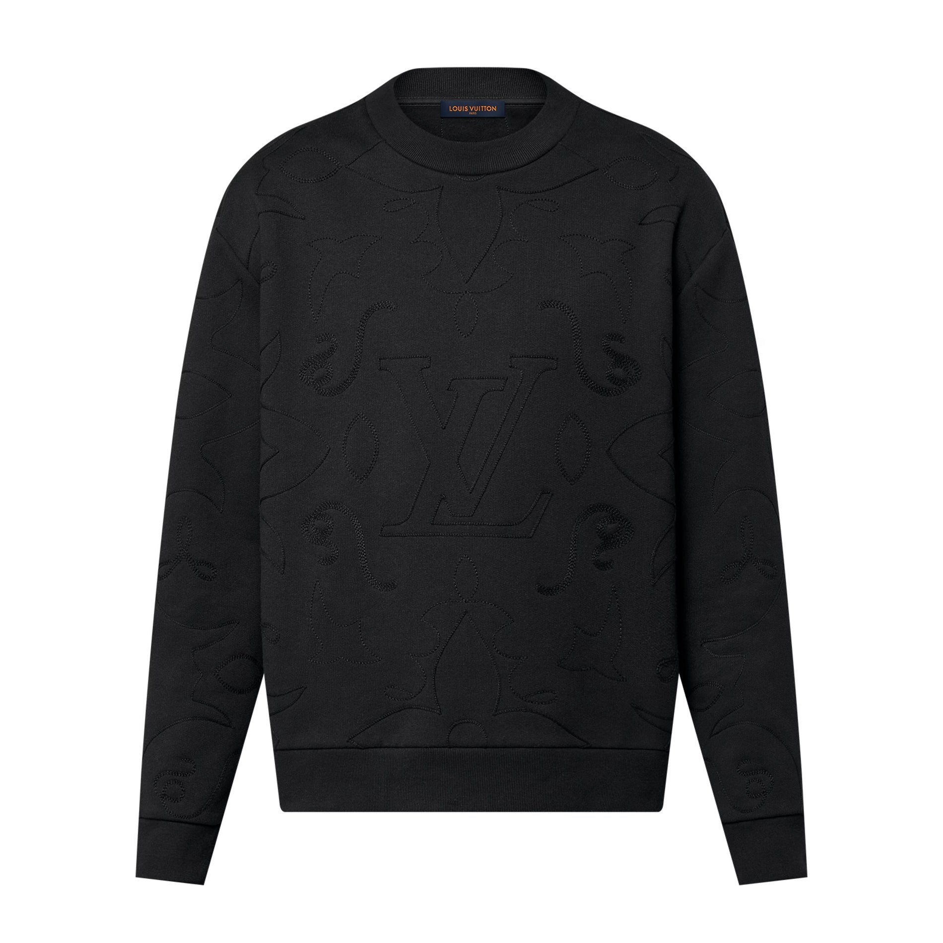 Men's Spring and Fall Black Embroidered Logo Printed Crew Neck Cotton Sweatshirt Pullover #72949