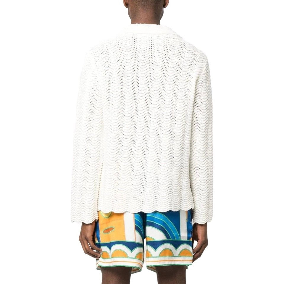 Men's Summer White Lapel Single Breasted Skeleton Long Sleeve Knit Jacket #72868