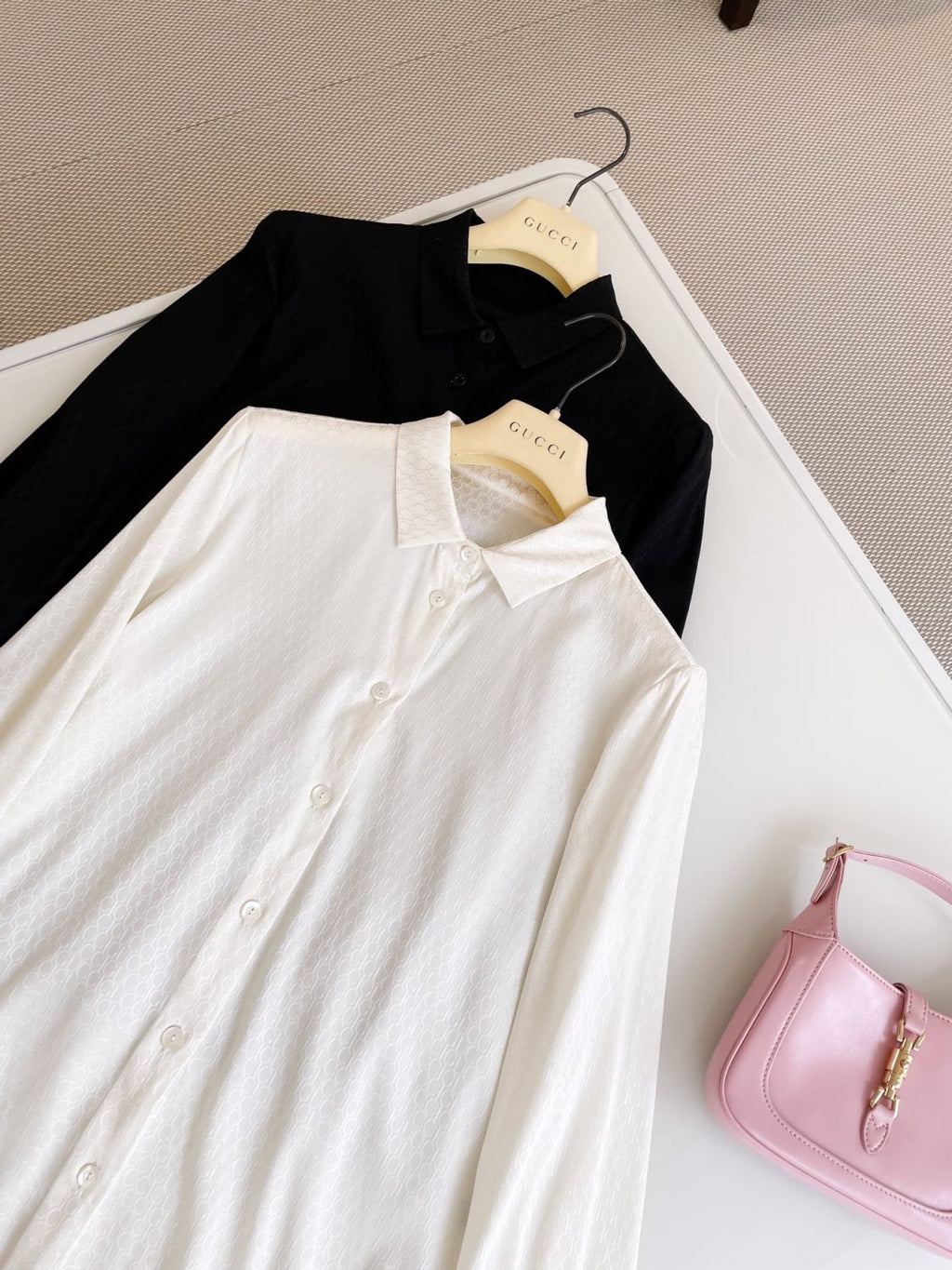 Women's Summer Solid Color Logo Jacquard Full Print Single Breasted Long Sleeve Shirt #72373