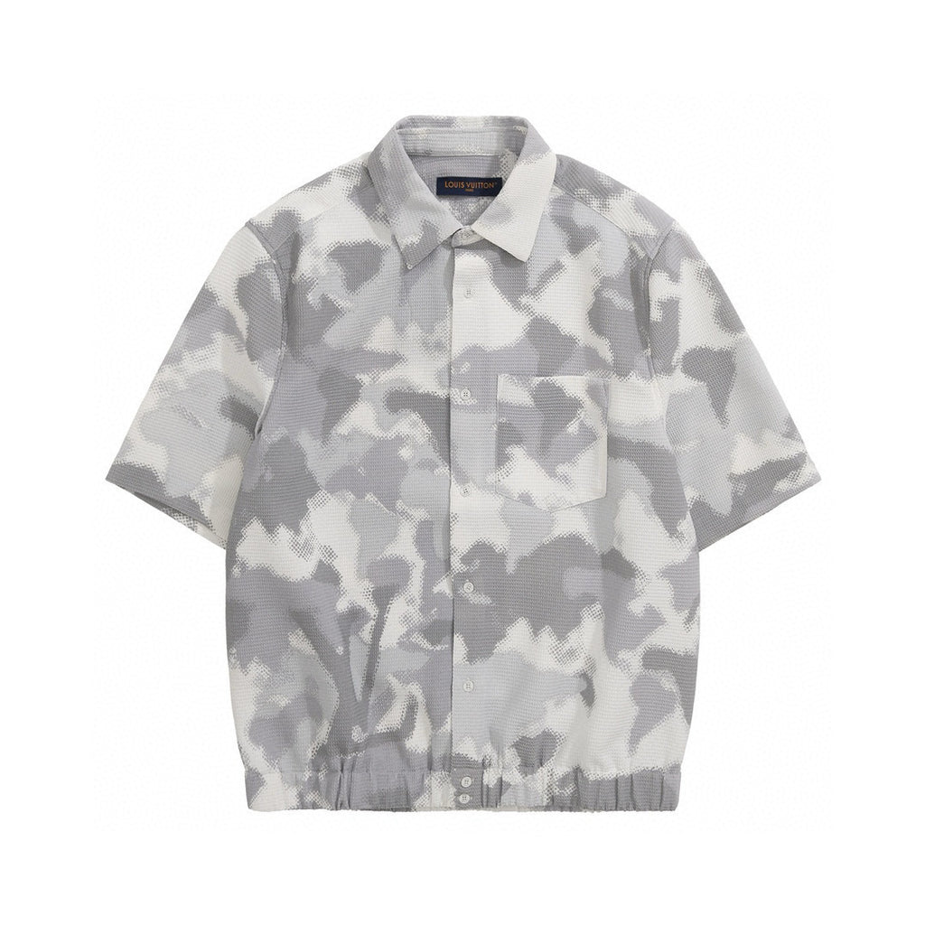 Men's Gray Summer Cotton Blend Single Breasted Camouflage Short Sleeve Fitted Shirt Ngvp #8211