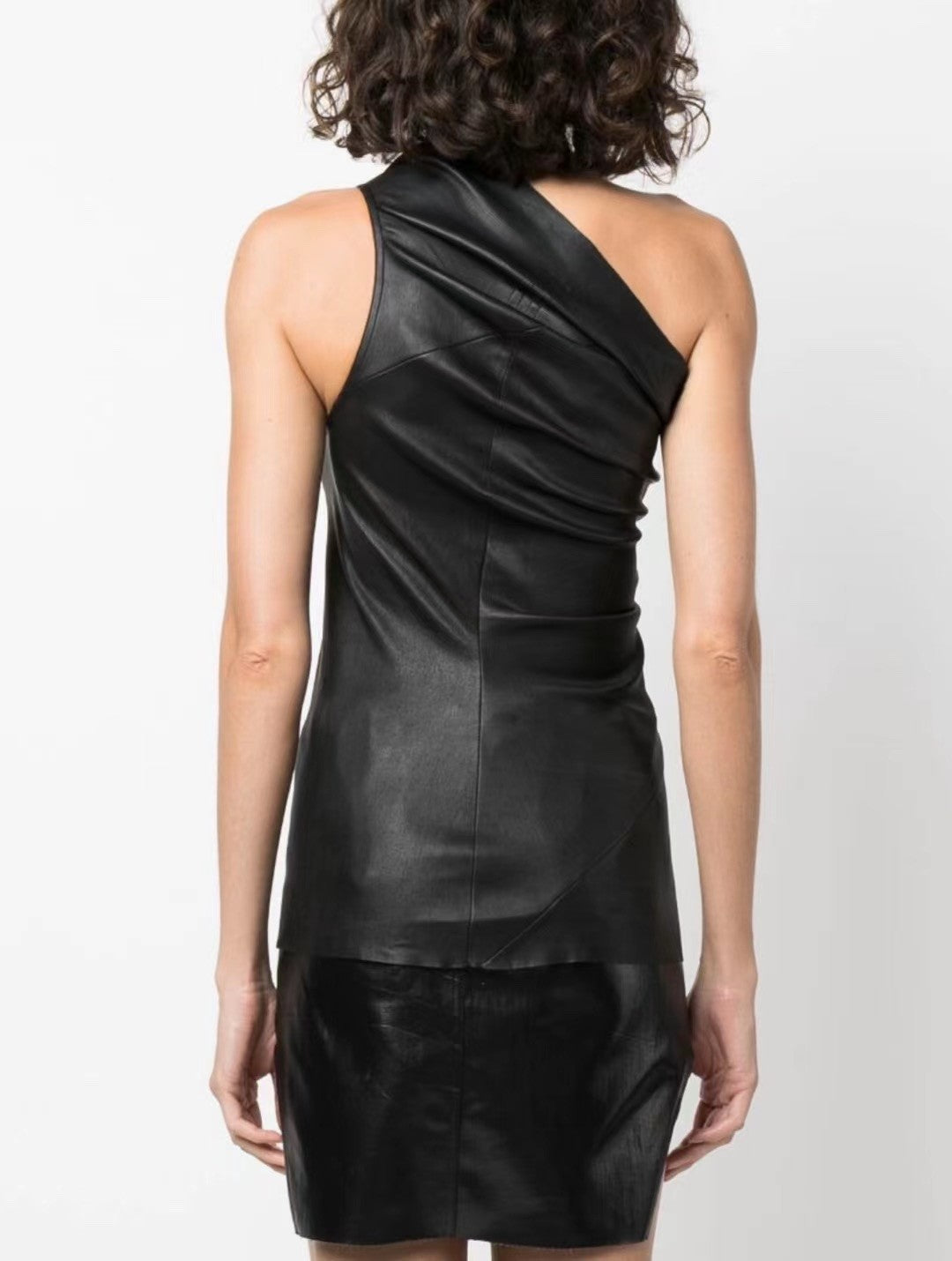 Women's Summer Lambskin One Shoulder Sleeveless Slim Black Top Shirt Ngvp #9175