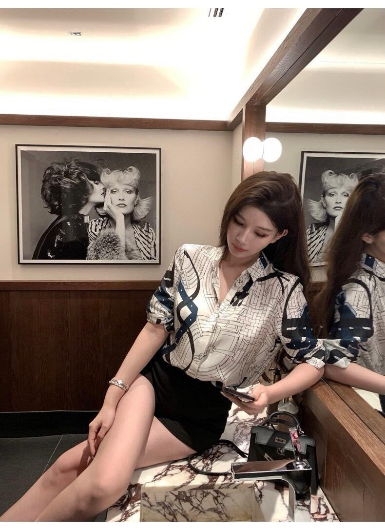 Women's Spring. Summer And Fall Chain Print Lapel Single-Breasted Silk Casual Fitted Long-Sleeved Shirt Ngvp #9632