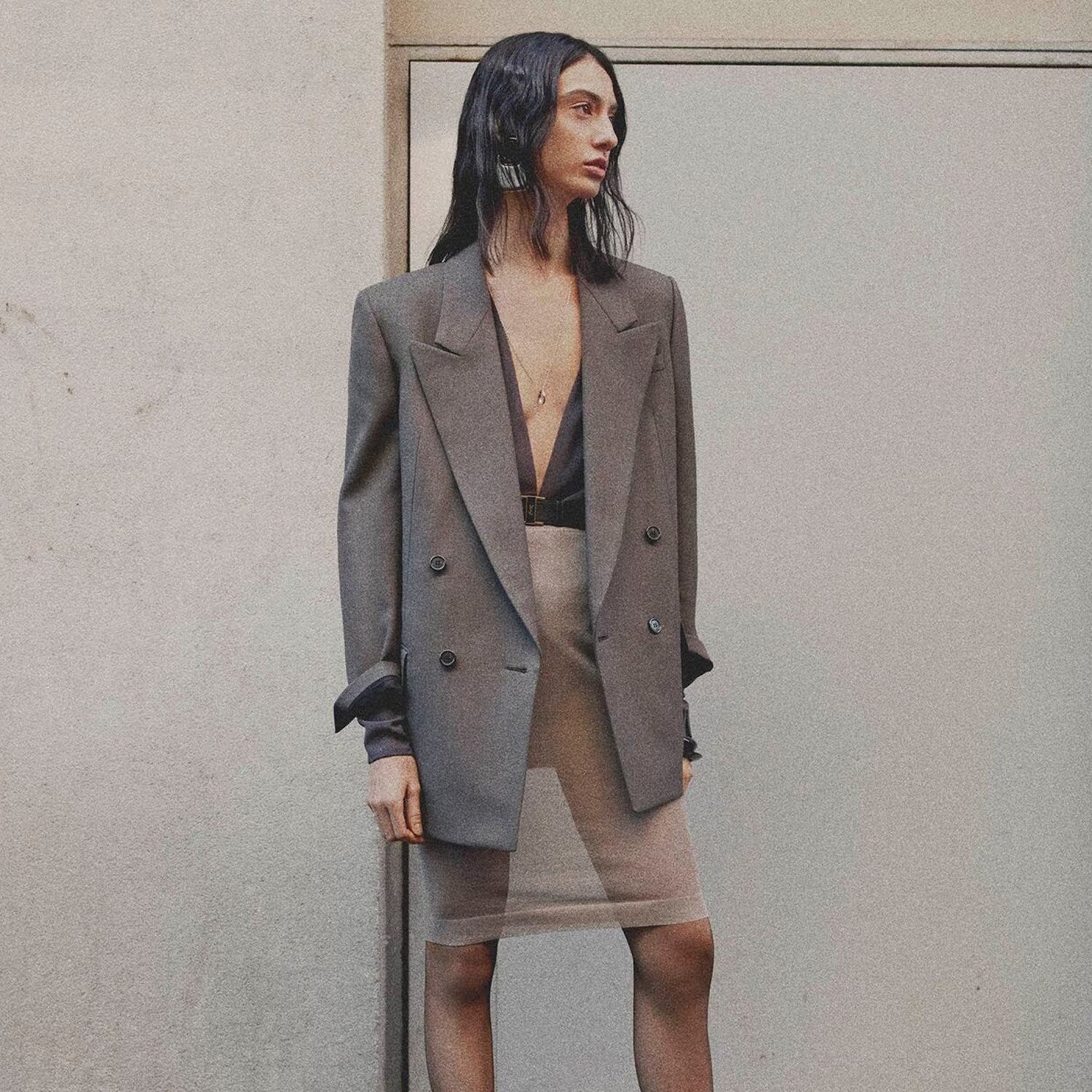 Women's Spring And Autumn Solid Color Double Breasted Wool Gabardine Loose Long Sleeve Blazer Jacket Coat Ngvp #8958