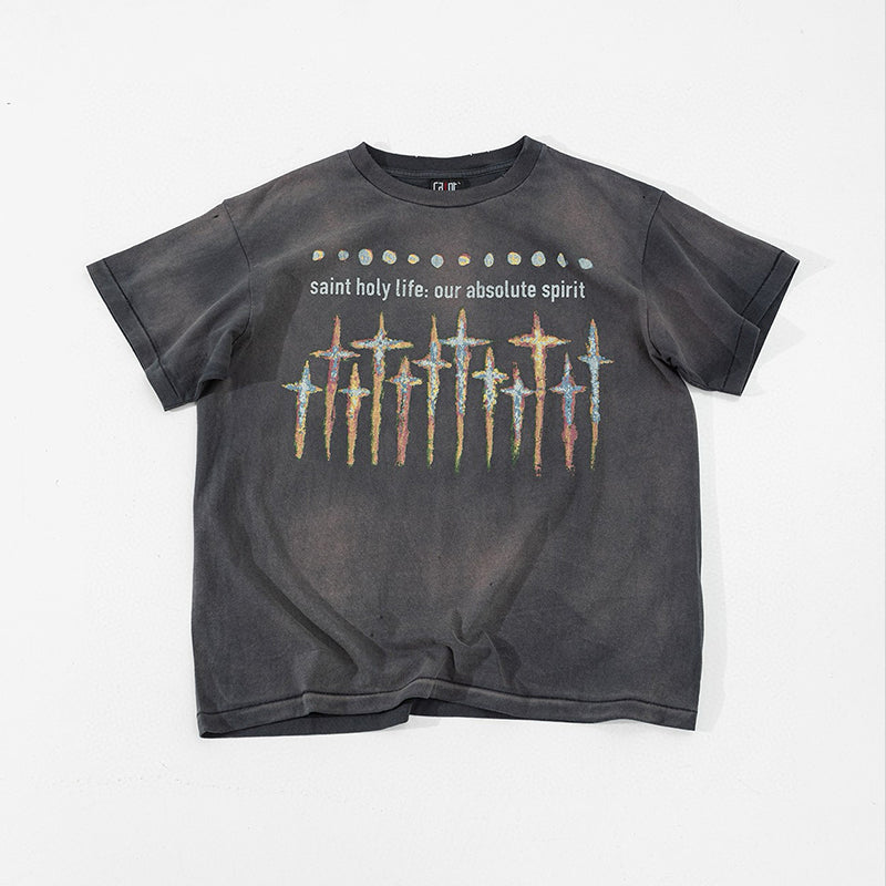 Saint Michael Men's Spring And Summer Solid Color Printing Letters Old Vintage T-shirt Casual Fashion Short Sleeve Ngvp #7835