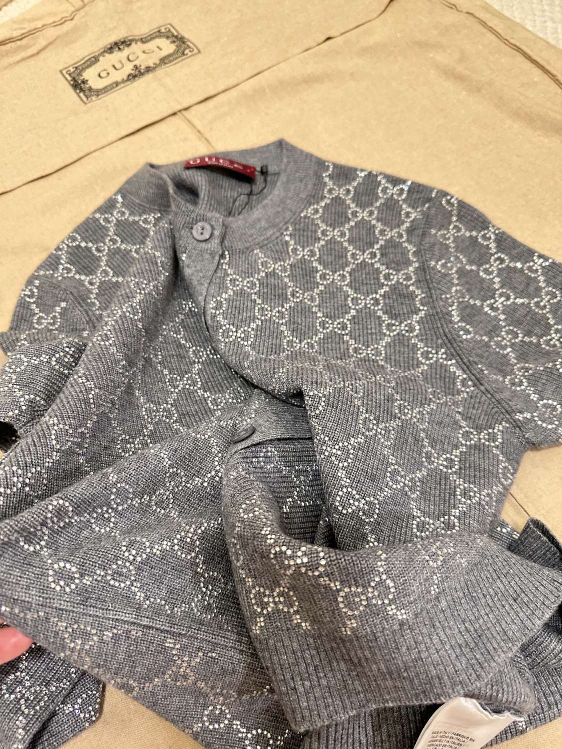 Women's Gray Letter Logo Round Neck Single Breasted Long Sleeve Knit Sweater Jacket #72991