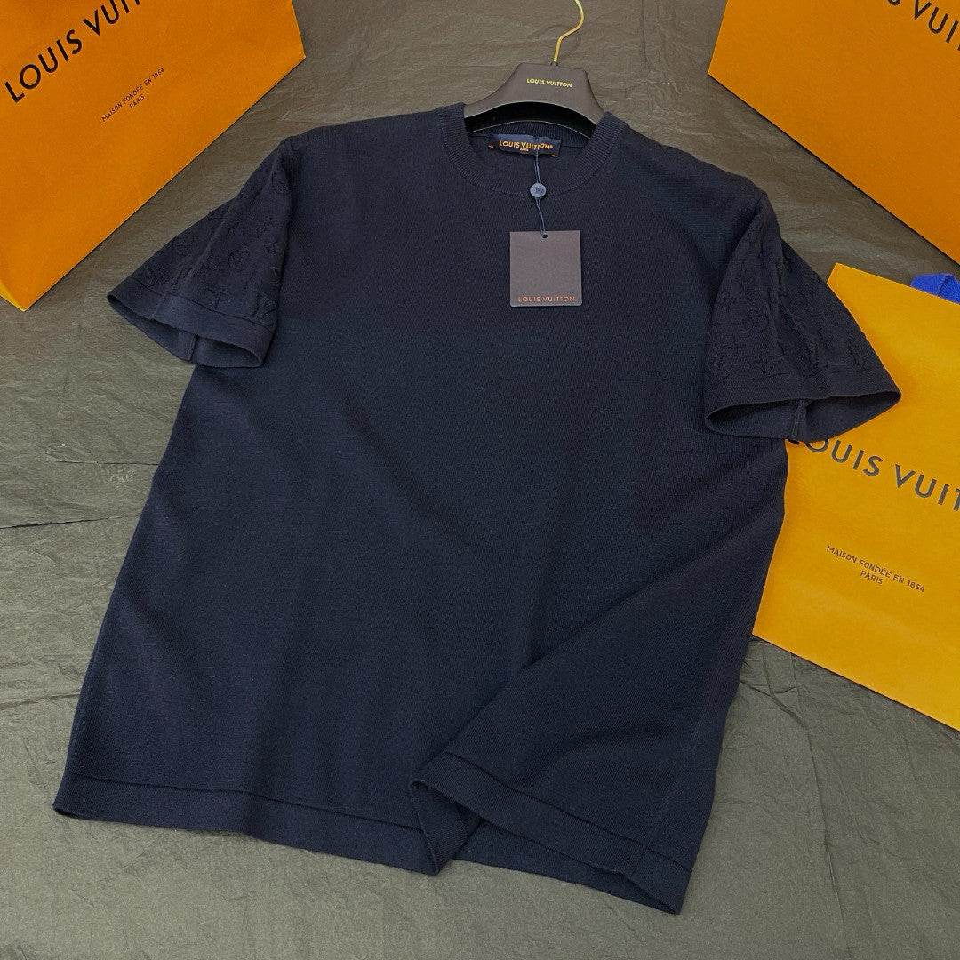 Men's Summer Letter Jacquard Pattern Navy Round Neck Cotton Short Sleeve T-Shirt #97886