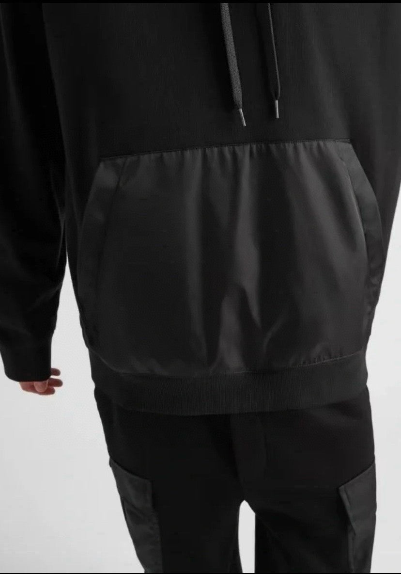 Men's Spring and Fall Triangle Metal Label Black Cotton Hooded Drawstring Loose Sweatshirt Pullover #72668