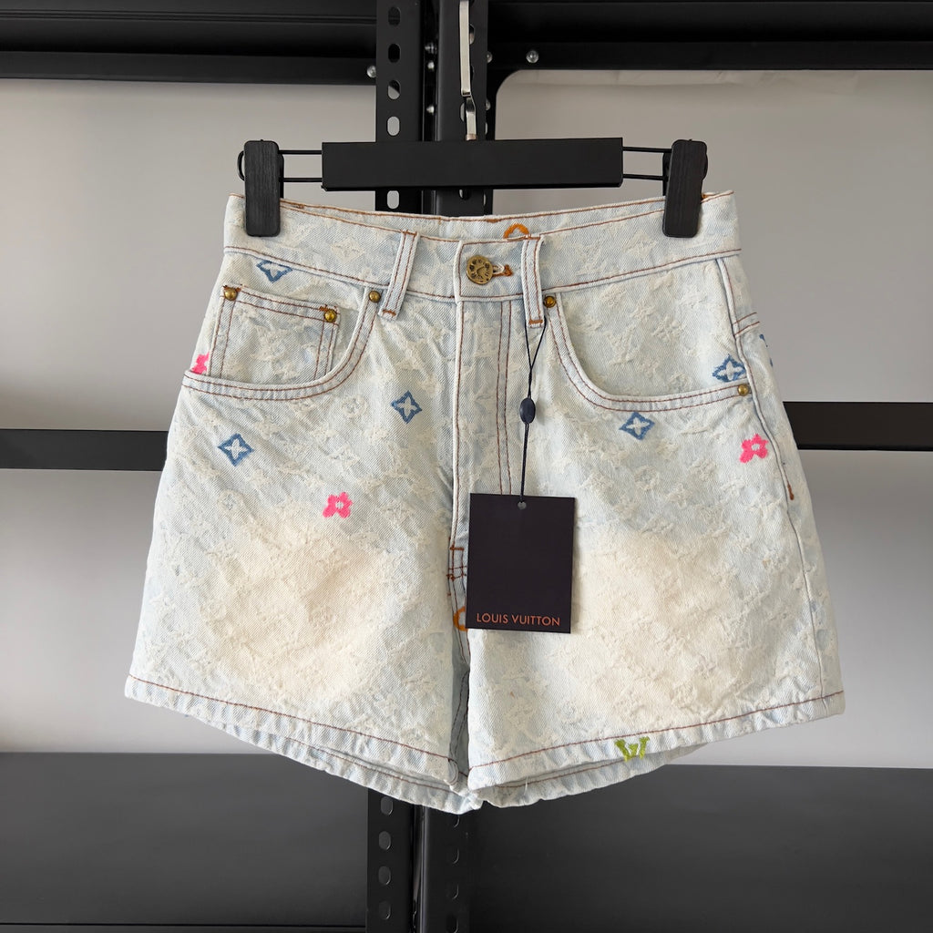 Women's Summer Embroidered Letter Print Solid Color Denim Shorts #75664