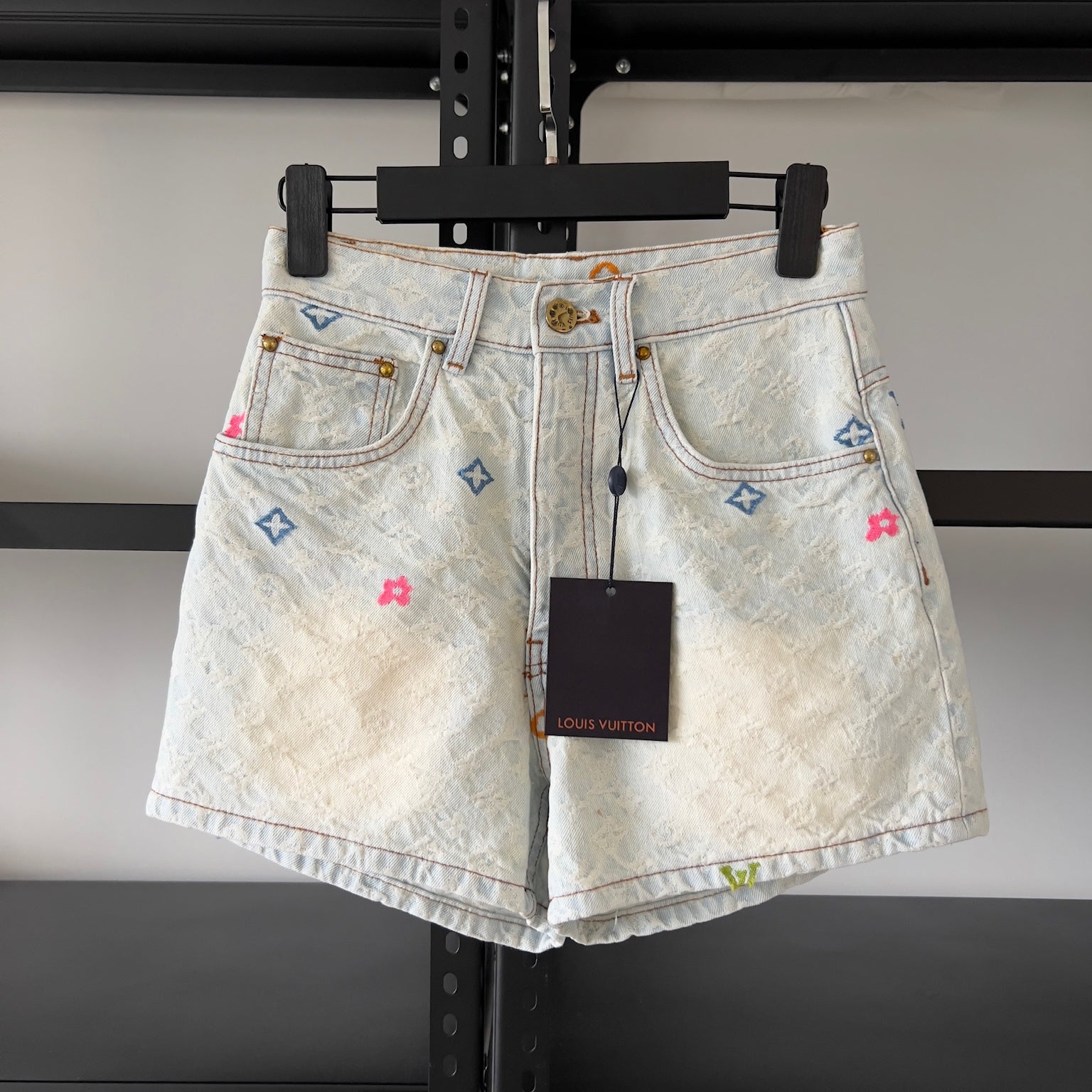 Women's Summer Embroidered Letter Print Solid Color Denim Shorts #75664