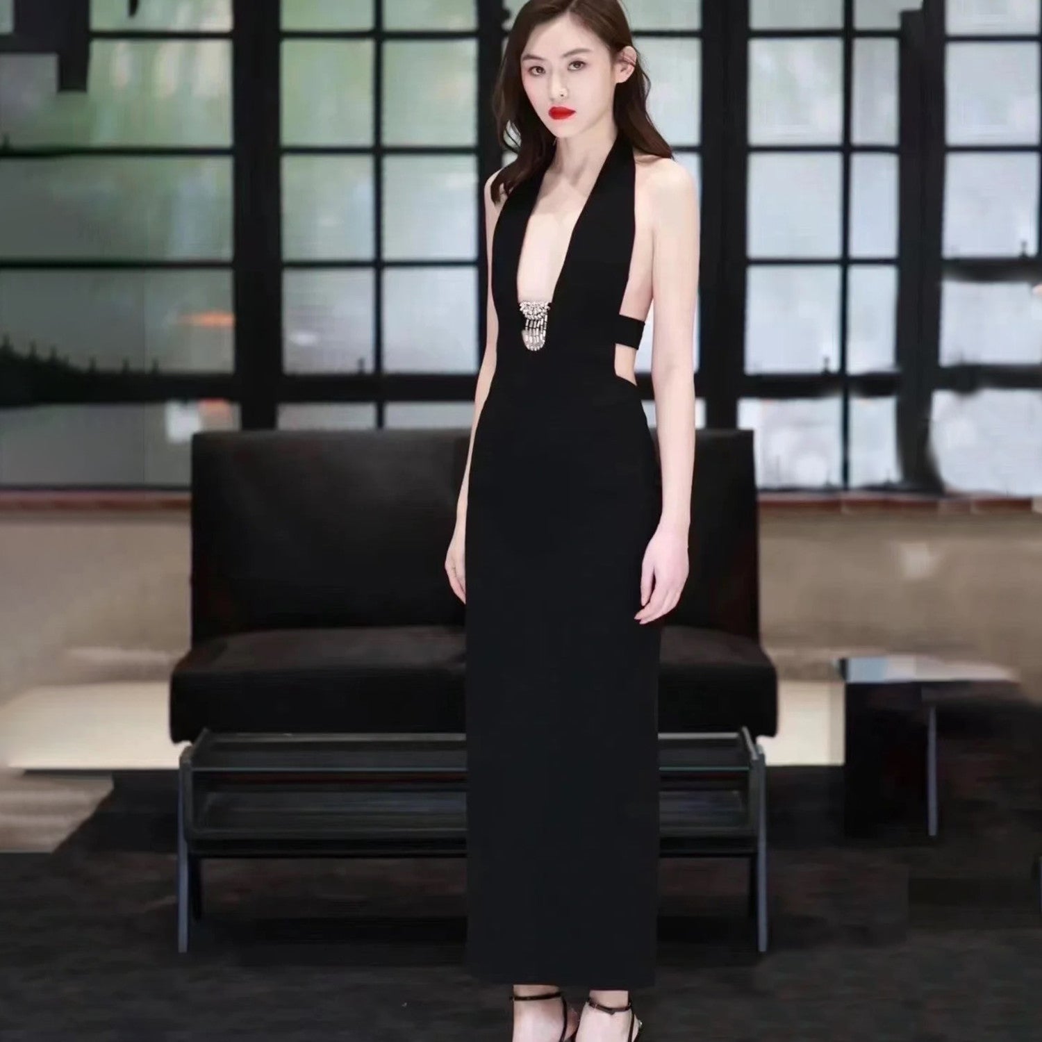 Women's Spring And Summer Black V-neck Long Temperament Luxury Sexy Crystal Decoration Backless Dresses  Ngvp #8795