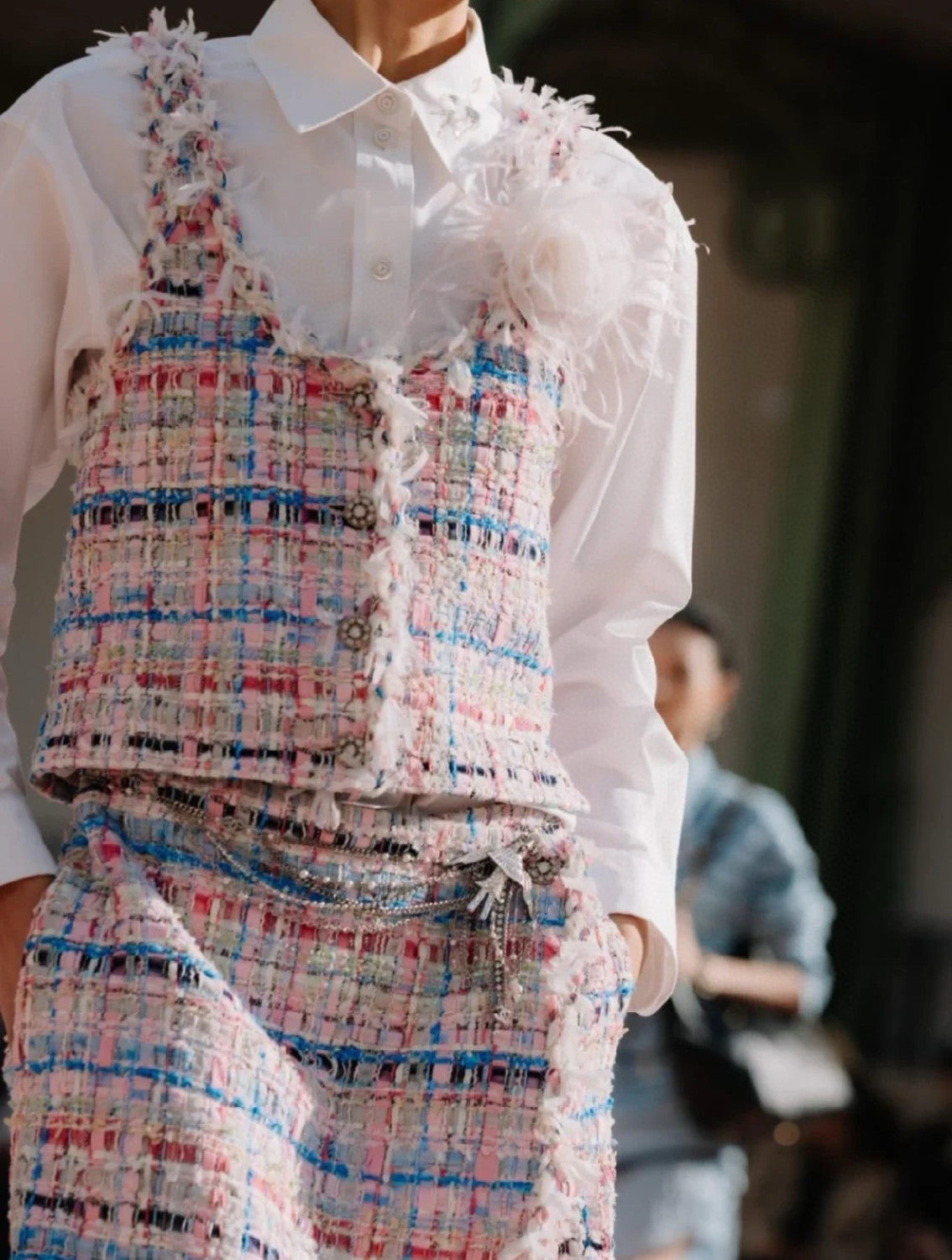 Women's Spring And Autumn High Street Cotton And Silk Tweed Multicolor Round Neck Sleeveless Vest Casual Mid Waist Shorts Ngvp #1551