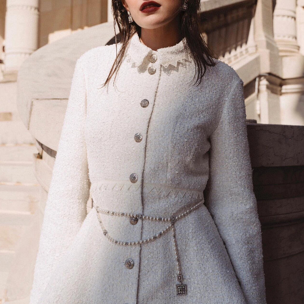 Women's Spring And Autumn White Sequin Lapel Single Breasted Coarse Tweed Waist Jacket Dress Ngvp #8526