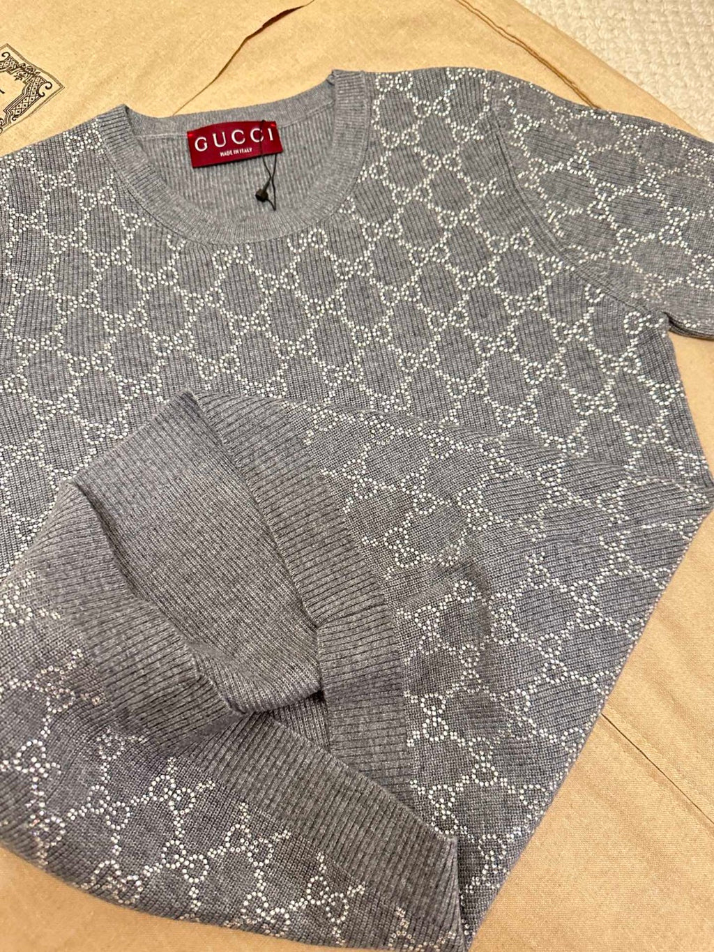 Women's Summer Gray Letter Logo Rhinestone Decoration Slim Short Sleeve Knit T-Shirt #72992