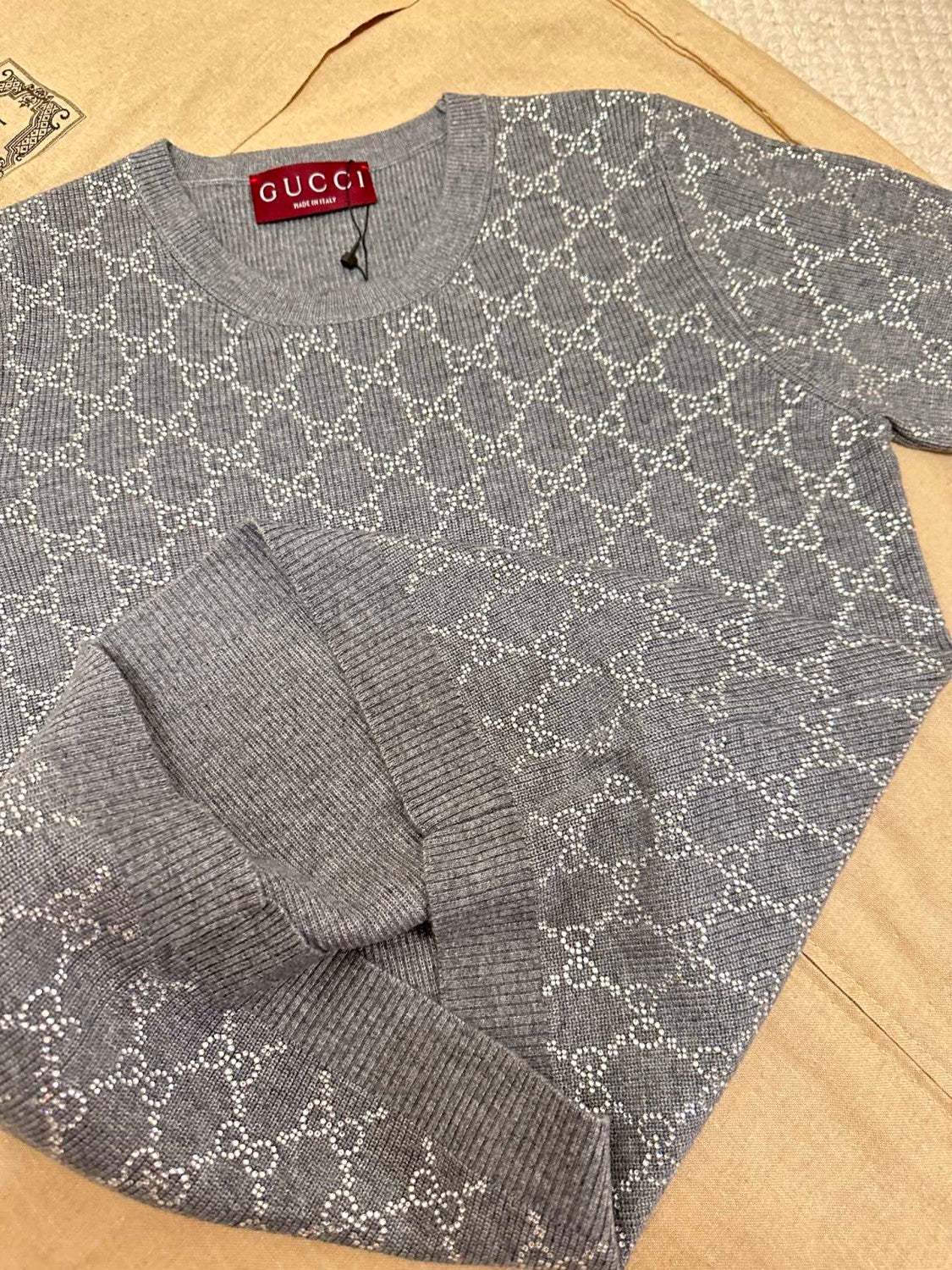 Women's Summer Gray Letter Logo Rhinestone Decoration Slim Short Sleeve Knit T-Shirt #72992