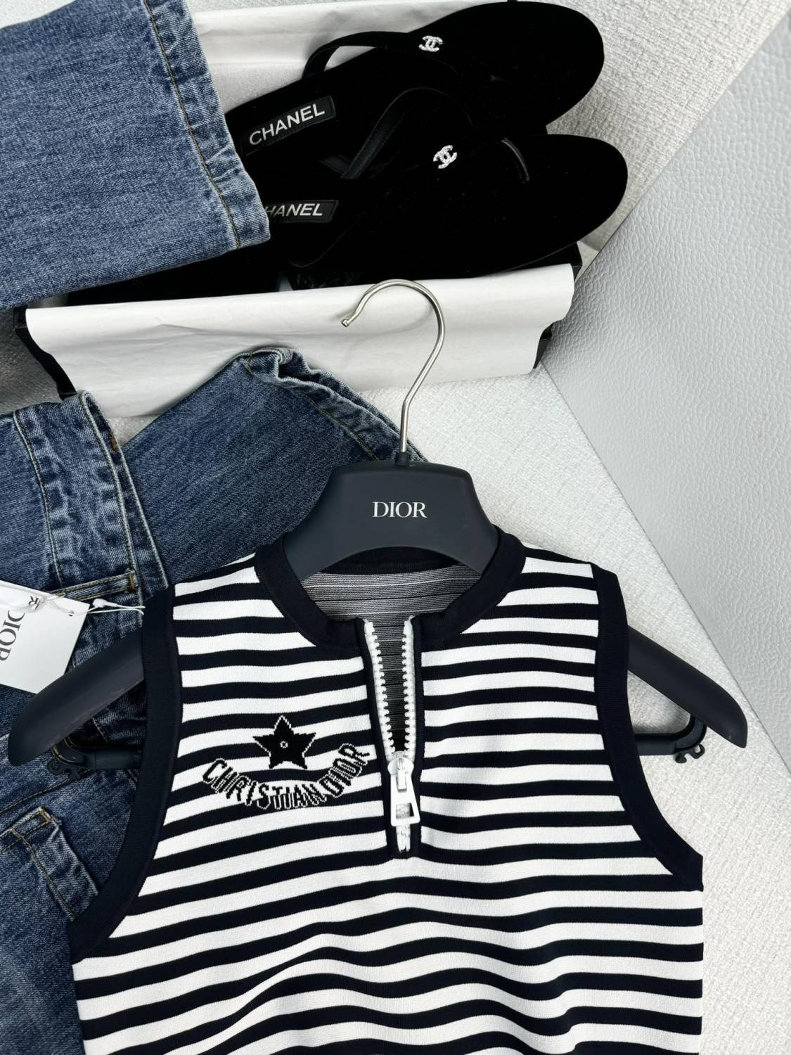 Women's Summer Striped Logo Round Neck Half Zipper Shorts Knit Tank Top T-shirt #72318