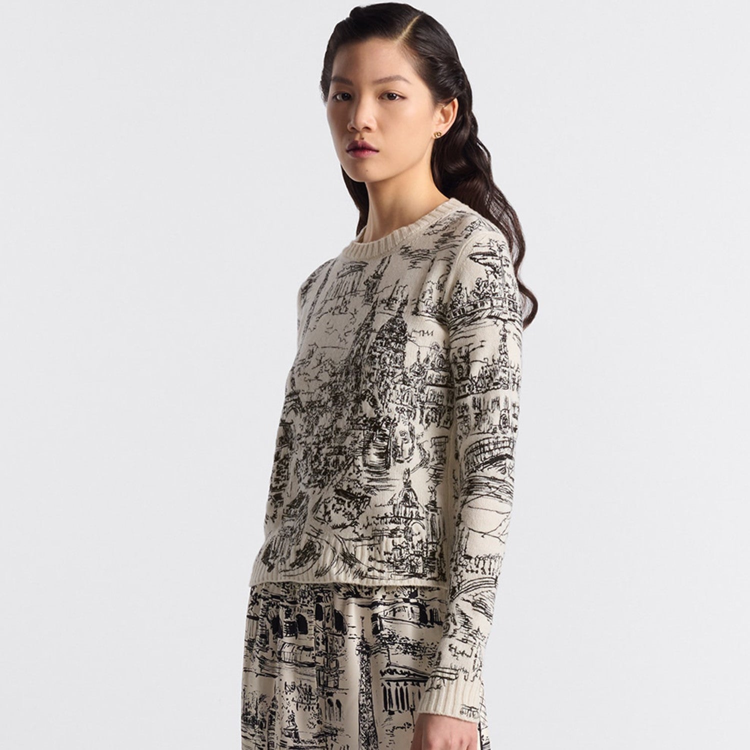 Women's Spring And Autumn Paris Lines Hand-painted Style Embroidered Wool Knit Crew Neck Sweater Ngvp #8733