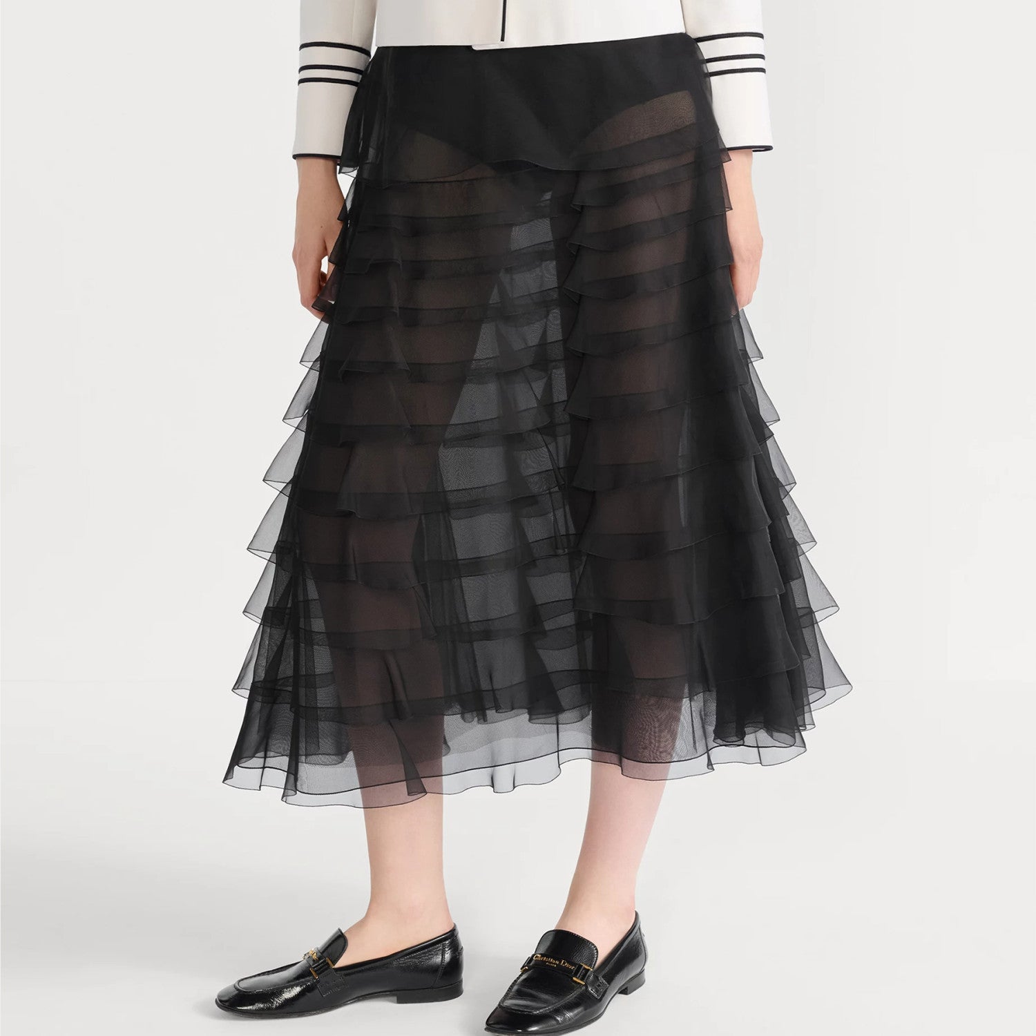 Women's Spring/summer Organza Ruffled Midi Skirt Black & White Solid Color Fashionable Elegant Delicate Skirt #82137A