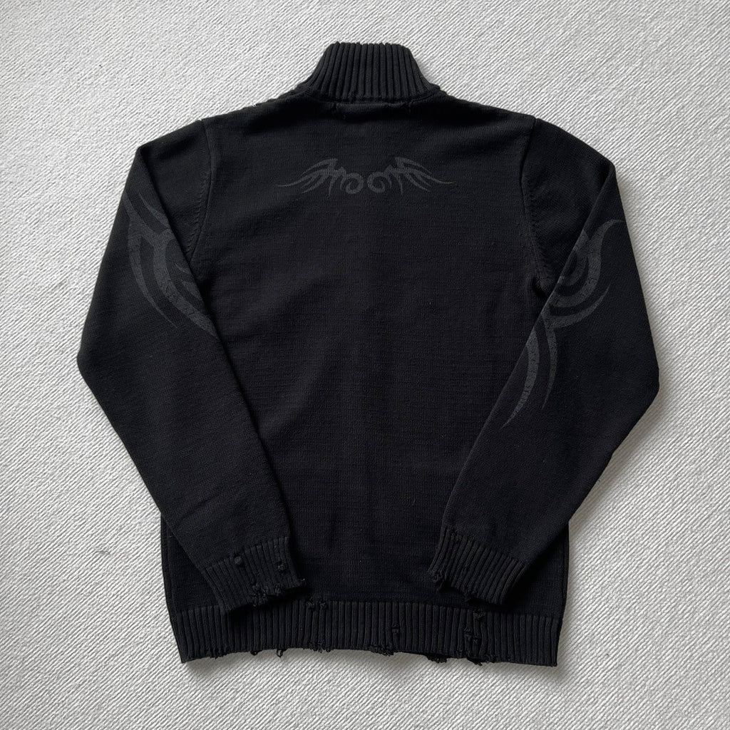 Men's Spring And Autumn Y2K Old High Neck Zipper Pattern Printed Black Long Sleeve Loose Knit Cardigan Jacket Ngvp #9479