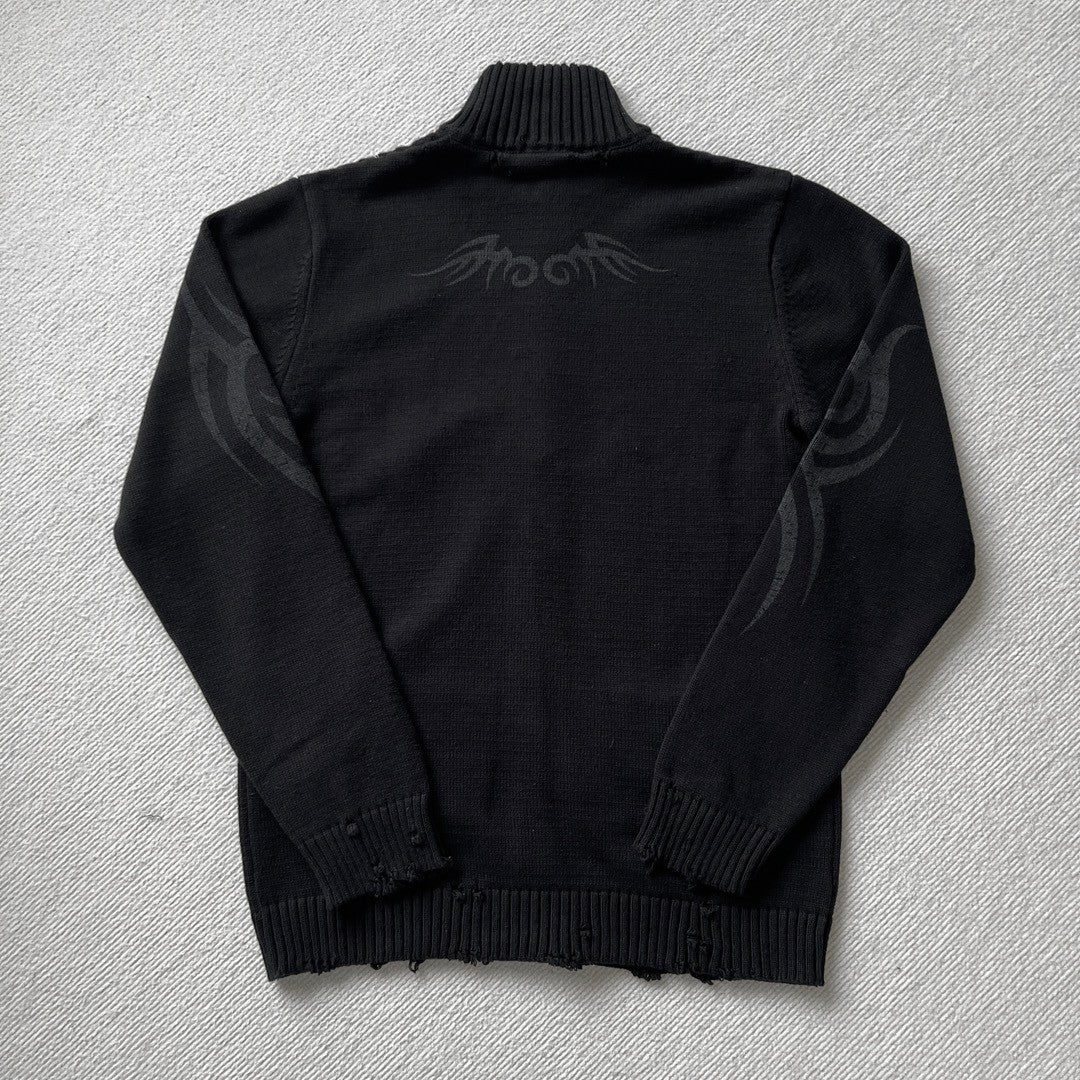 Men's Spring And Autumn Y2K Old High Neck Zipper Pattern Printed Black Long Sleeve Loose Knit Cardigan Jacket Ngvp #9479