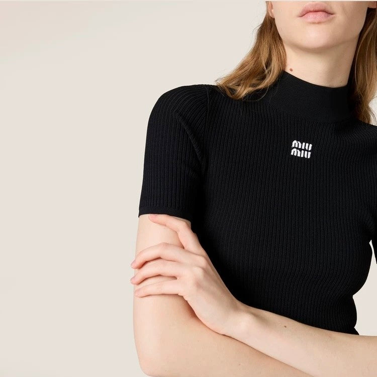 Women's Spring and Summer Slim Half Plunge Short Sleeve Round Neck Knit Sweater T-shirt #75453