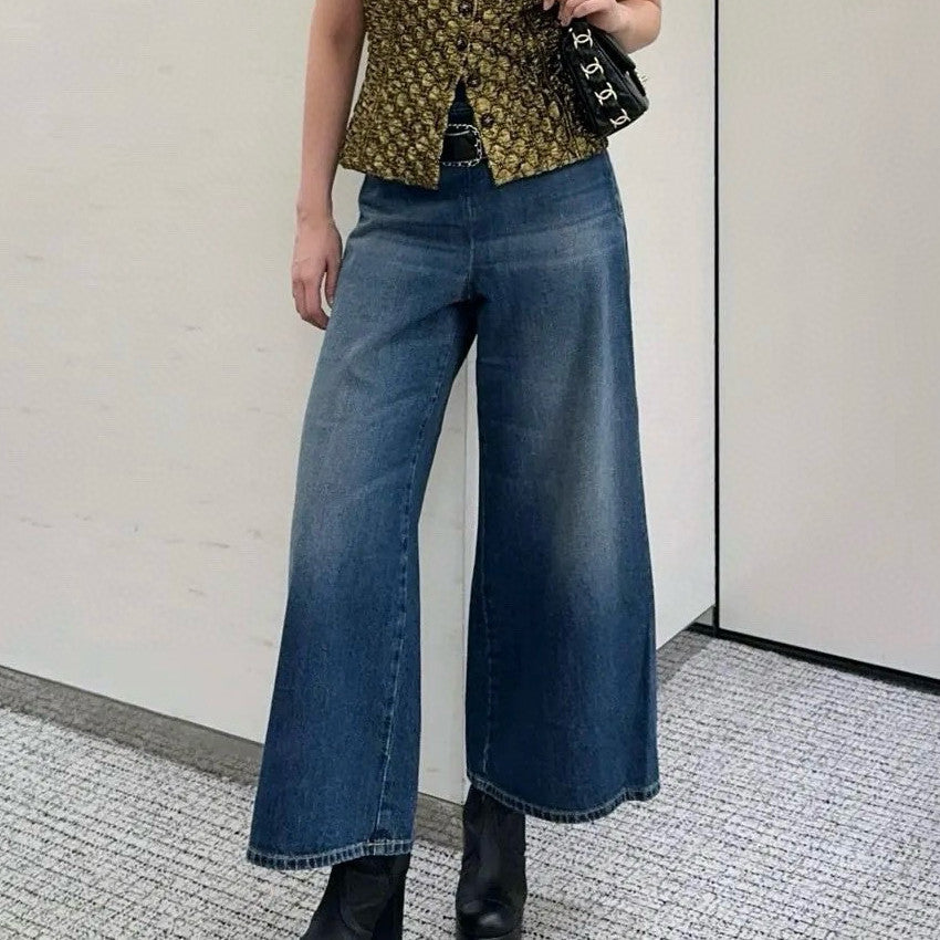 Women's Fall And Winter Blue Mid Waisted Denim Wide Legged Pants #73756