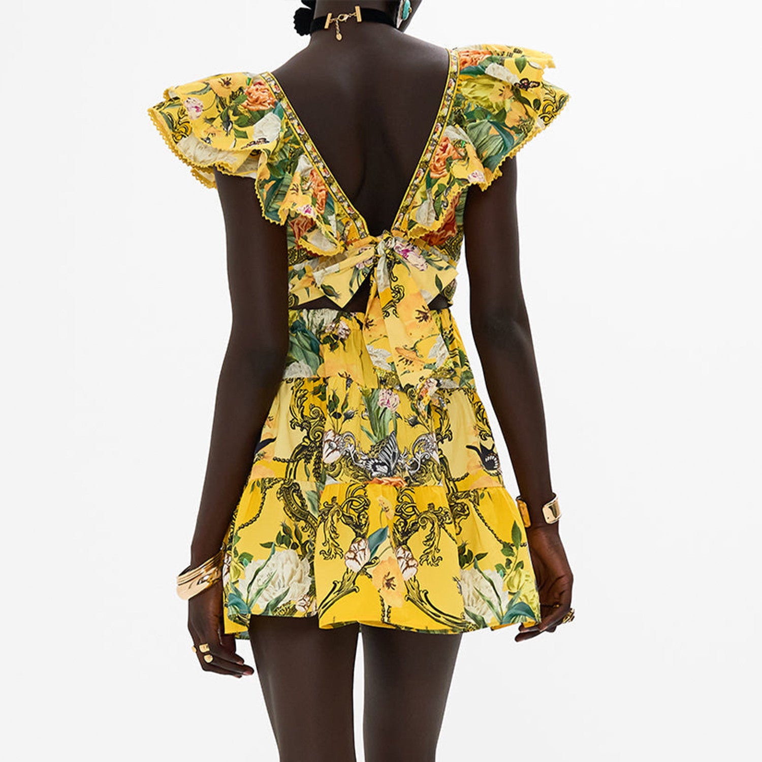 Camilla Women's Summer Printed V-neck Rhinestone Embellished Cotton Ruffle Waisted Mini Dresses Ngvp #8918