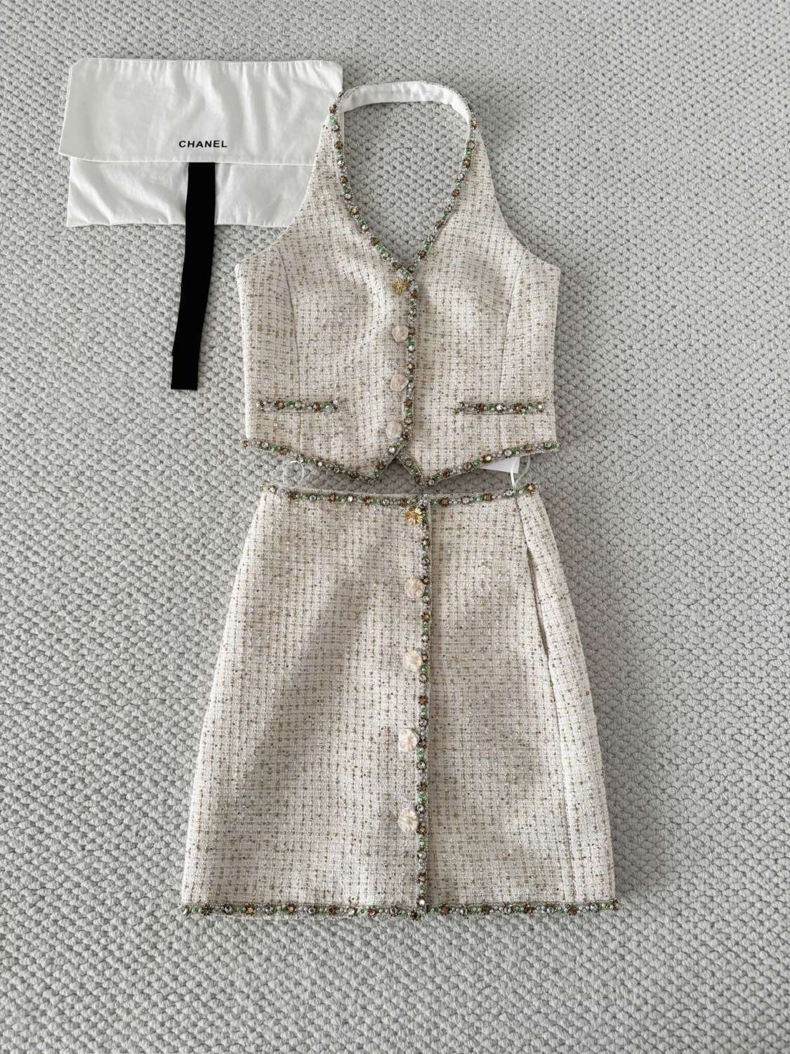 UK Mi Luxury Fashion 26SS Beaded Tweed Halter Vest Top Jacket Skirt Set Suit #194254