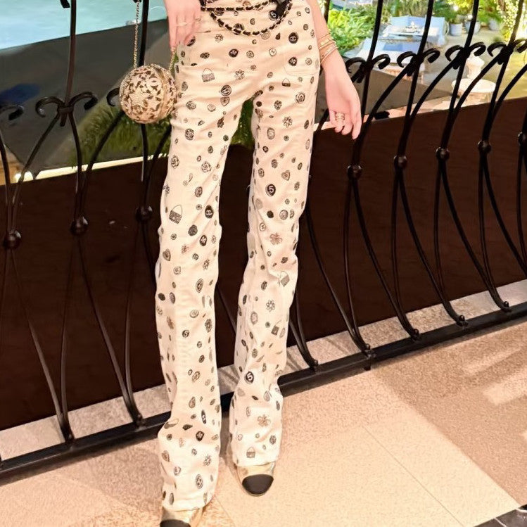 Women's Spring/Fall Fashion Casual Solid Color Classic Print Long Leg Denim Pants #78936