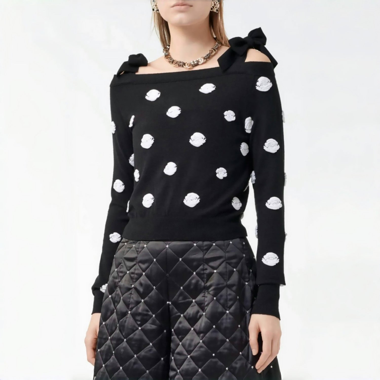 Women's Camellia Autumn/Winter Round Neck Pullover Bubble Sleeve Wool Blend Off-the-Shoulder Knitted Sweater Ngvp #2146