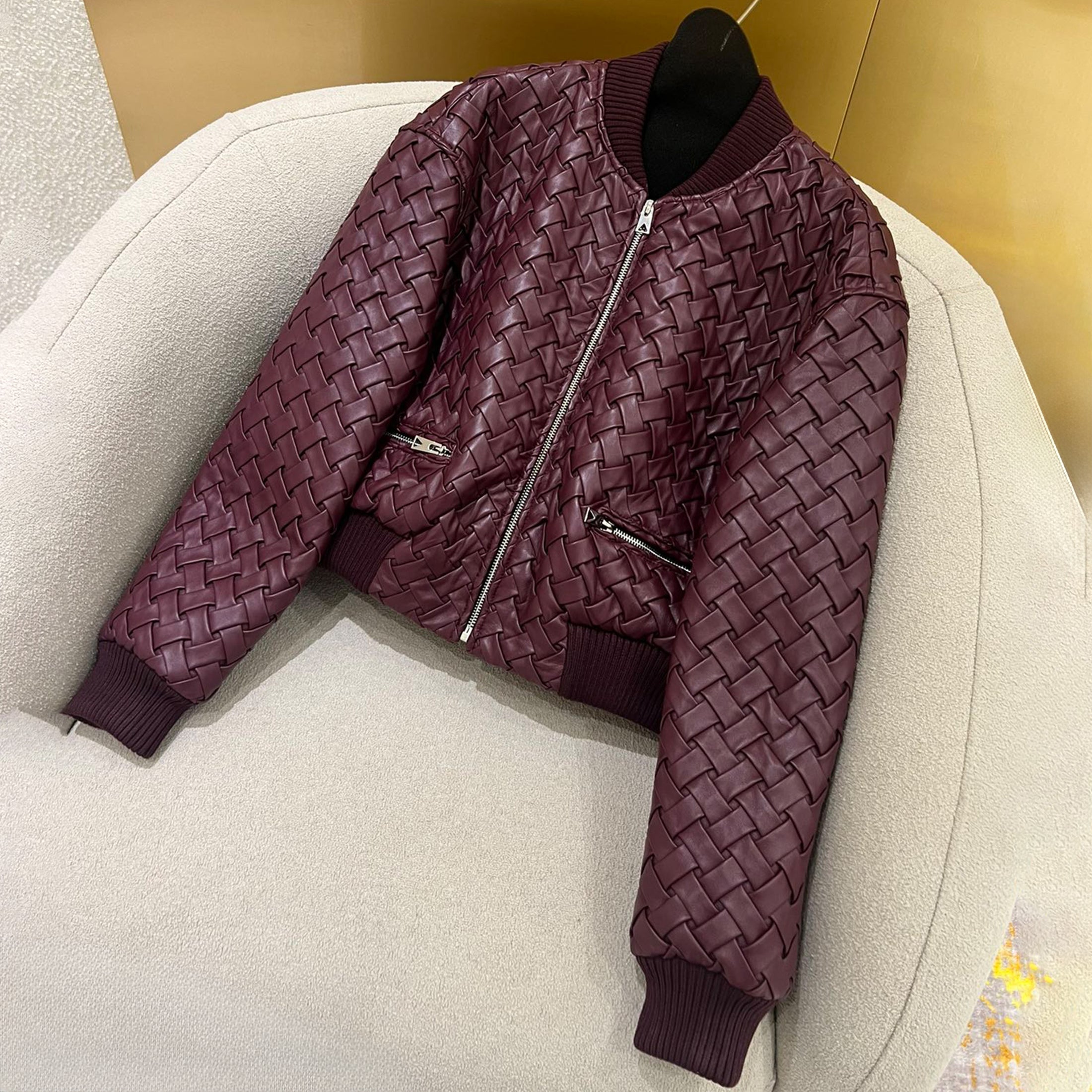 Women's Autumn And Winter Deluxe Solid Color Lapel Flight Suit Leather Button Woven Sheepskin Coat Jacket Ngvp #9136