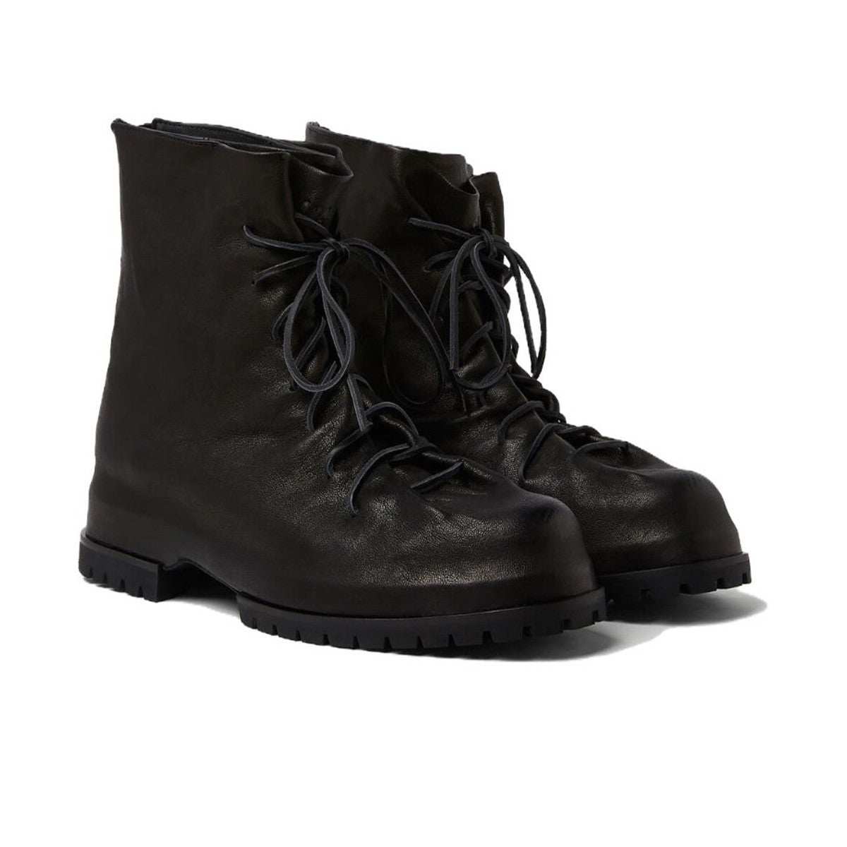 424 Men's Head Sheepskin Round Toe Lace Up Mid Calf Boots Pleated Dark Style Chunky Heel Thick Bottom Height Increasing Martin Boots  Shoes #71713