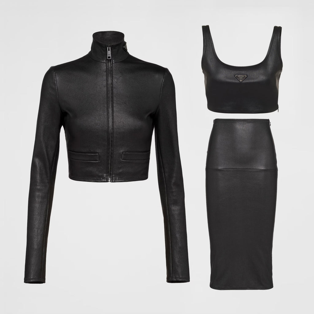 Women's Spring and Summer Black Triangle Label Logo Zipper Leather Jacket Vest Half-body Skirt Three Piece Set Suit #98553