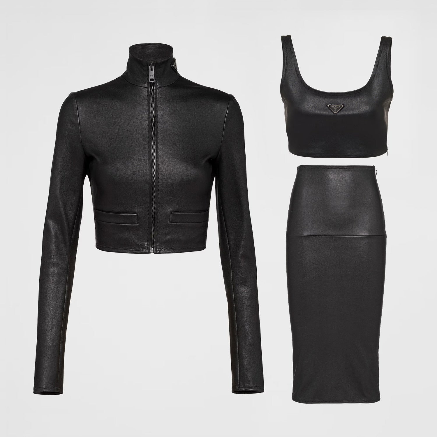 Women's Spring and Summer Black Triangle Label Logo Zipper Leather Jacket Vest Half-body Skirt Three Piece Set Suit #98553