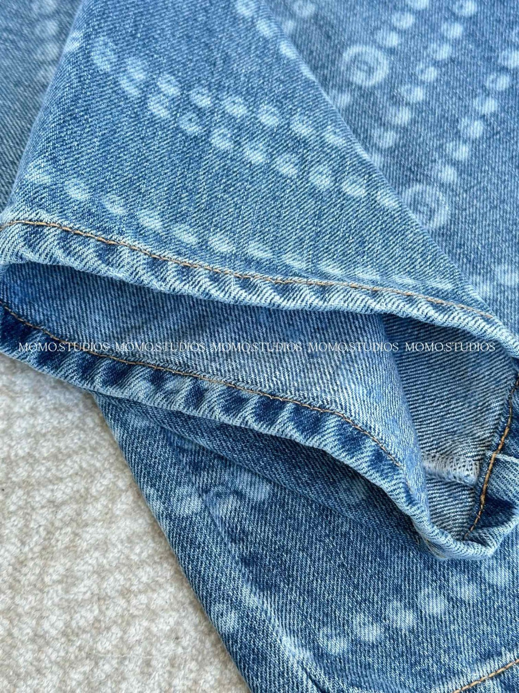 Women's Spring and Autumn Blue Printed Washed Cotton Button Straight Long Jeans Pants #75498