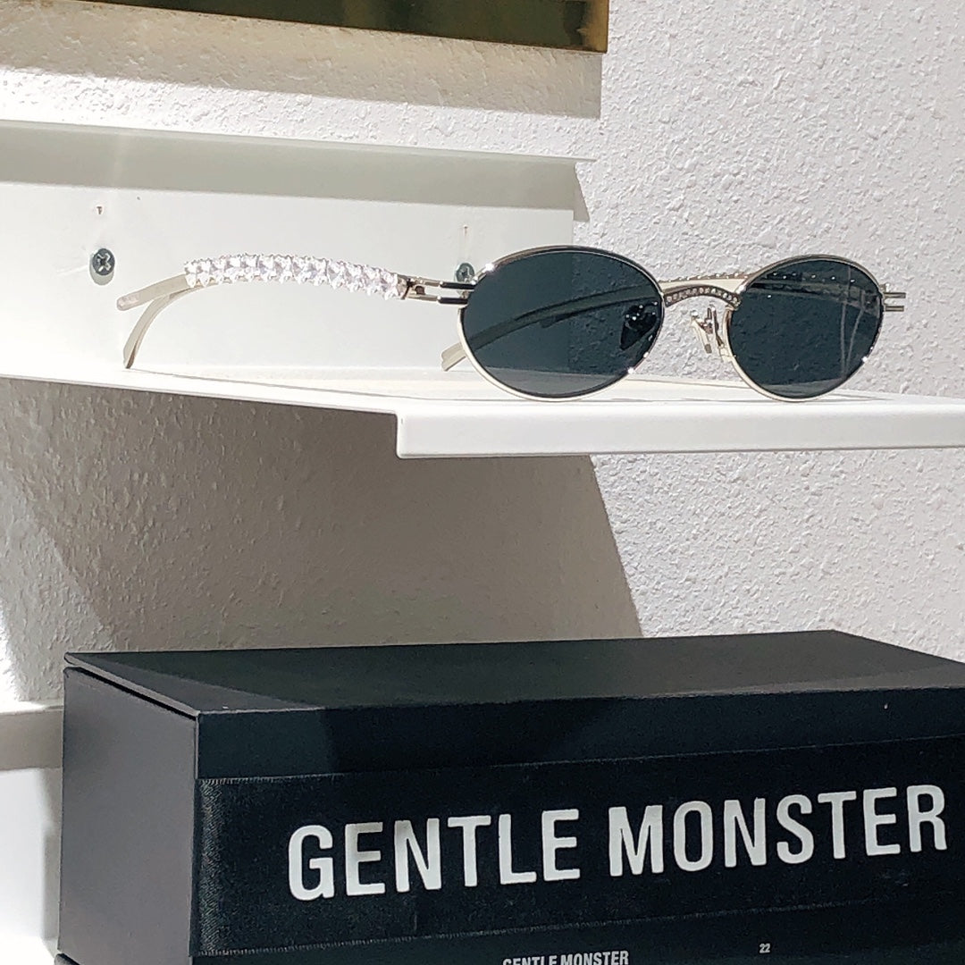 Gentle Monster Jennie - Barrette 02 Women's Fashion Jentle Salon Collection Sunglasses Oval Silver Diamond Metal Frame Trendy Eyewear Glasses  Accessories Ngvp #9242