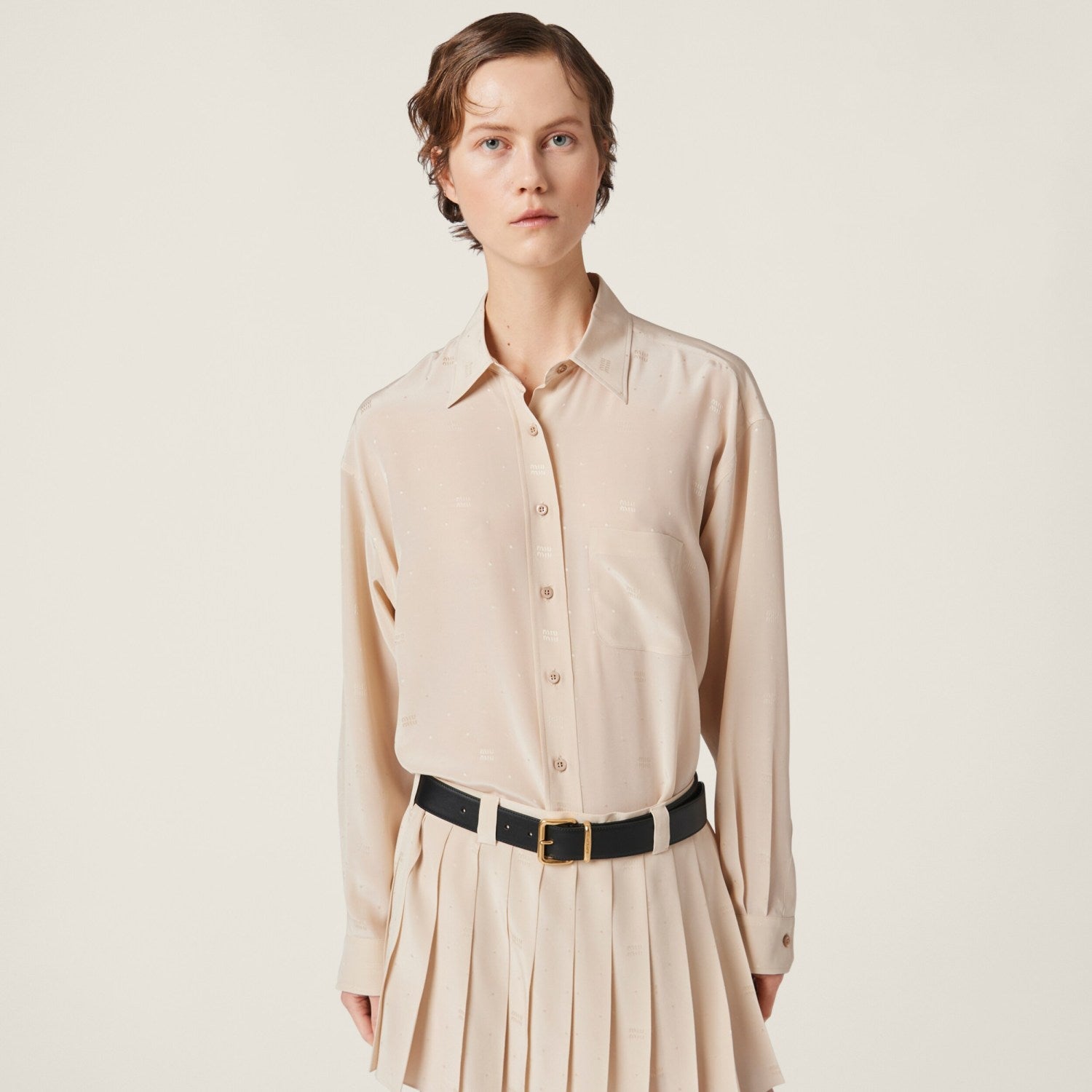 Women's Spring/Summer Dark Logo Khaki Single Breasted Long Sleeve Shirt Pleated Short Skirt Set Suit #72378