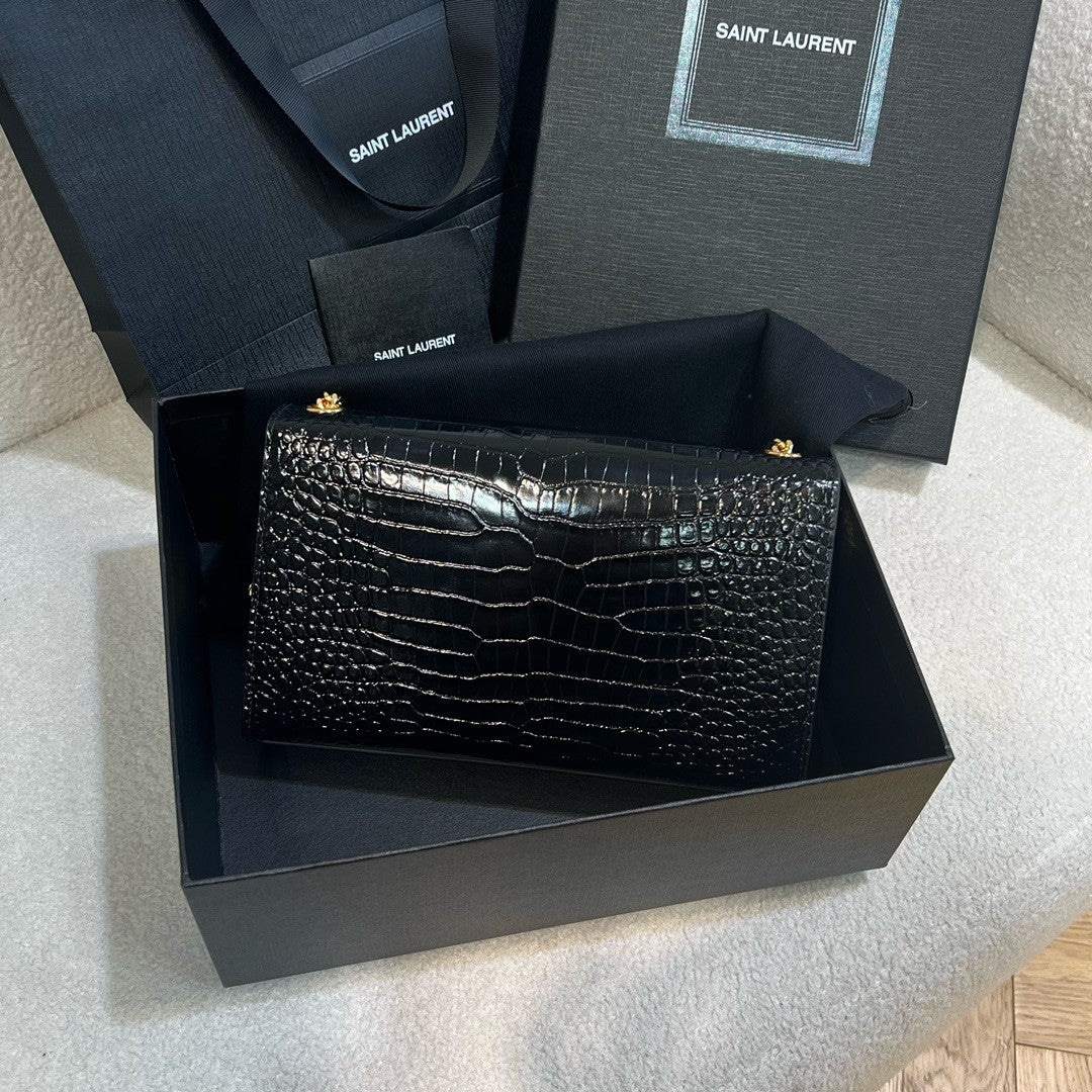 YS Women Black Gold Label Logo Chain Crocodile Embossed Glossy Cowhide Crossbody Shoulder Bag Bags #74268