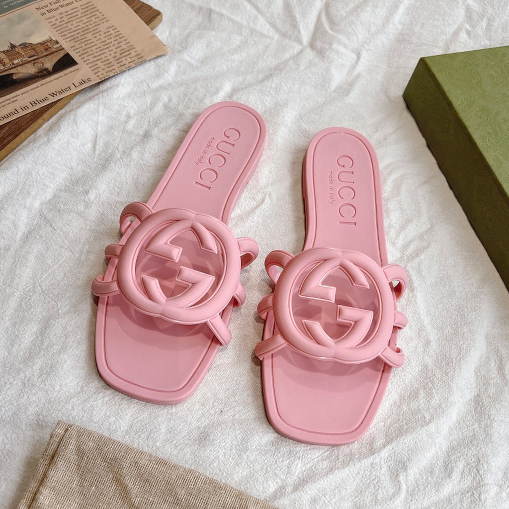 GG  Women's Summer Double G Hollow out Square Head Flat Slippers Solid Color Casual Shoes #81341