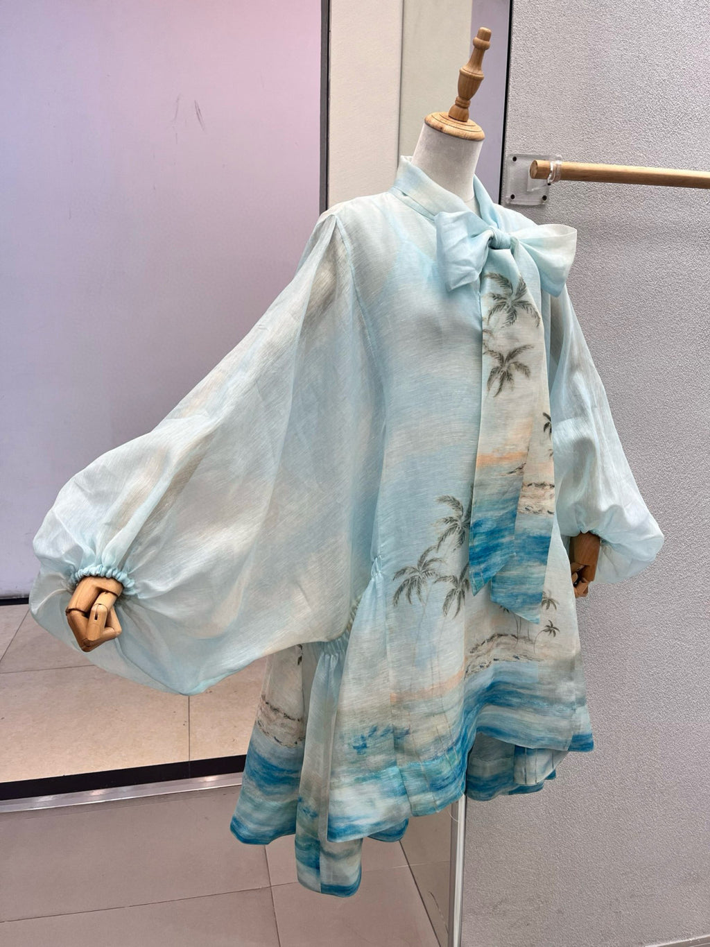 Women's Summer Blue Beach Pattern Printed Flutter Design Long Sleeve Dress #75612