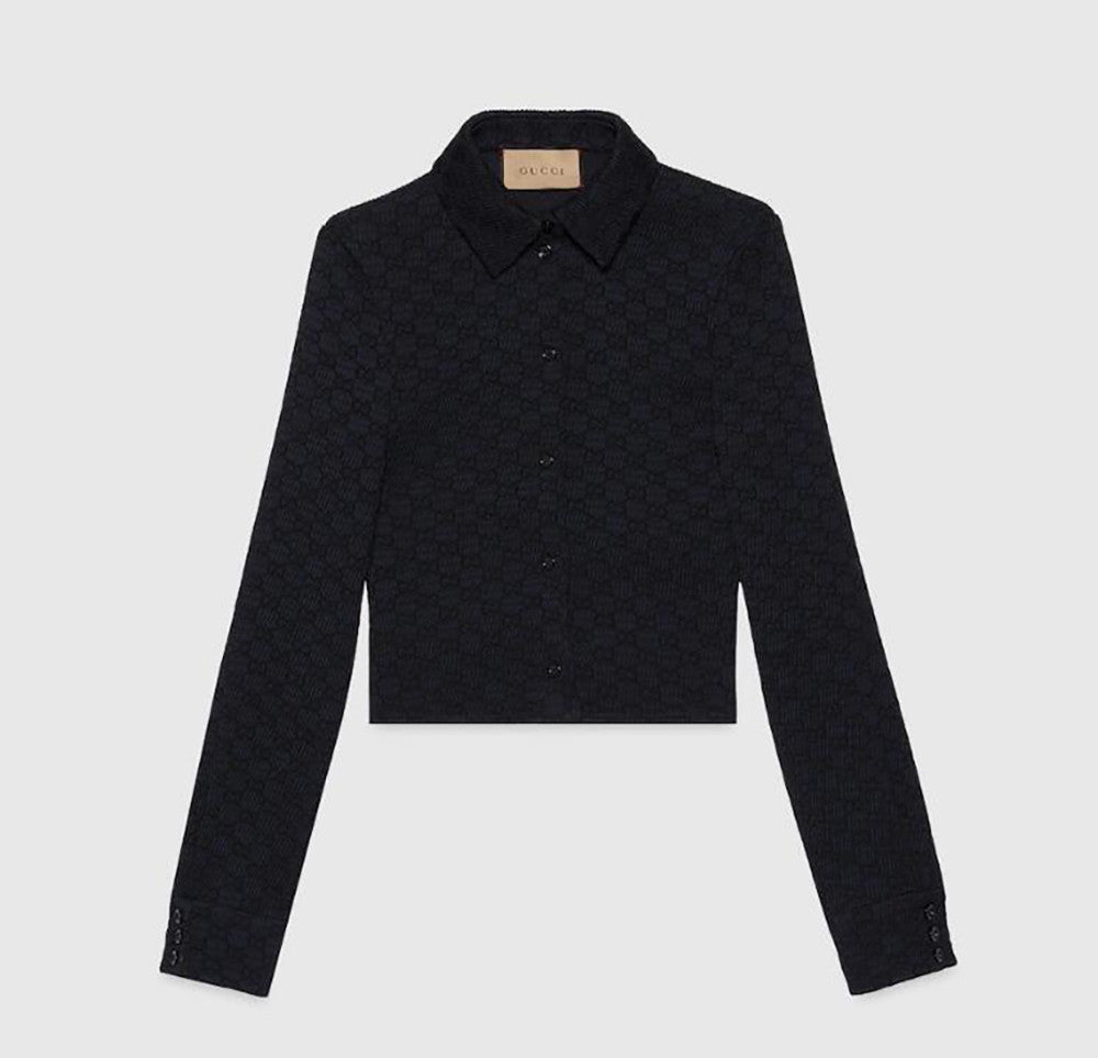 Women's Spring and Autumn Black GG Pleated Lapel Single-breasted Long Sleeve Shirt Stretchy Package Hip Half-body Skirt Set Suit #73344