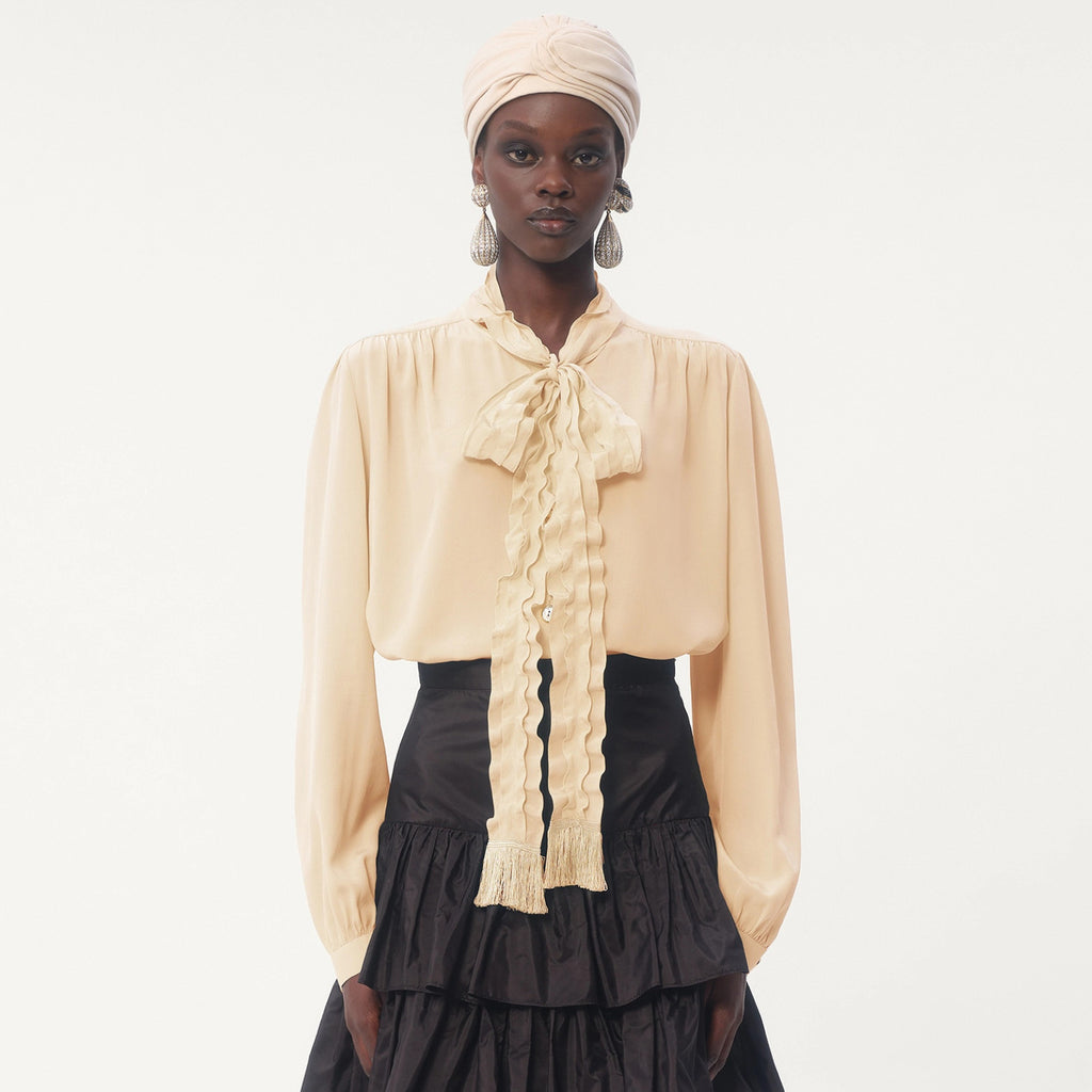 Women's Summer Solid Color Long Sleeved Bow Flutter Silk Single Breasted Shirt #74765