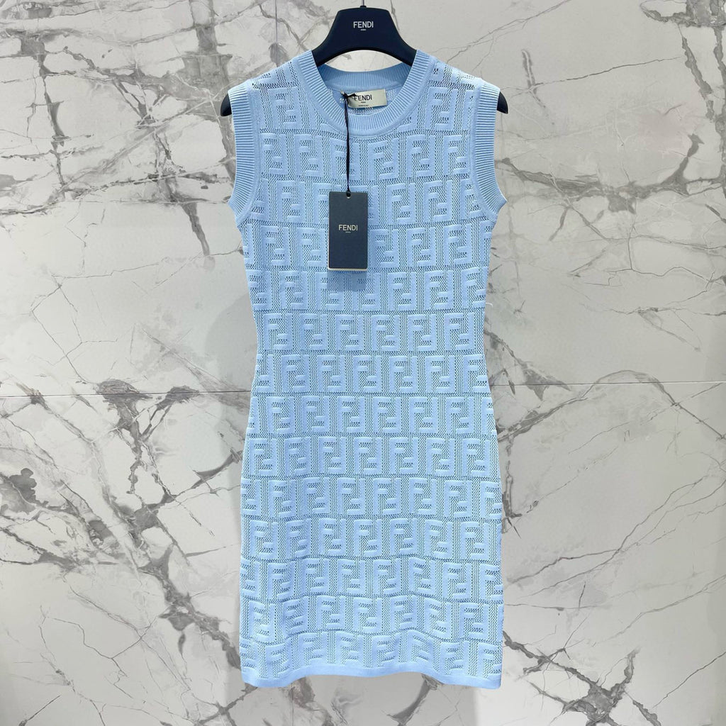 Women's Spring/Summer Solid Color Monogram Printed Round Neck Knit Sleeveless Dresses #72621