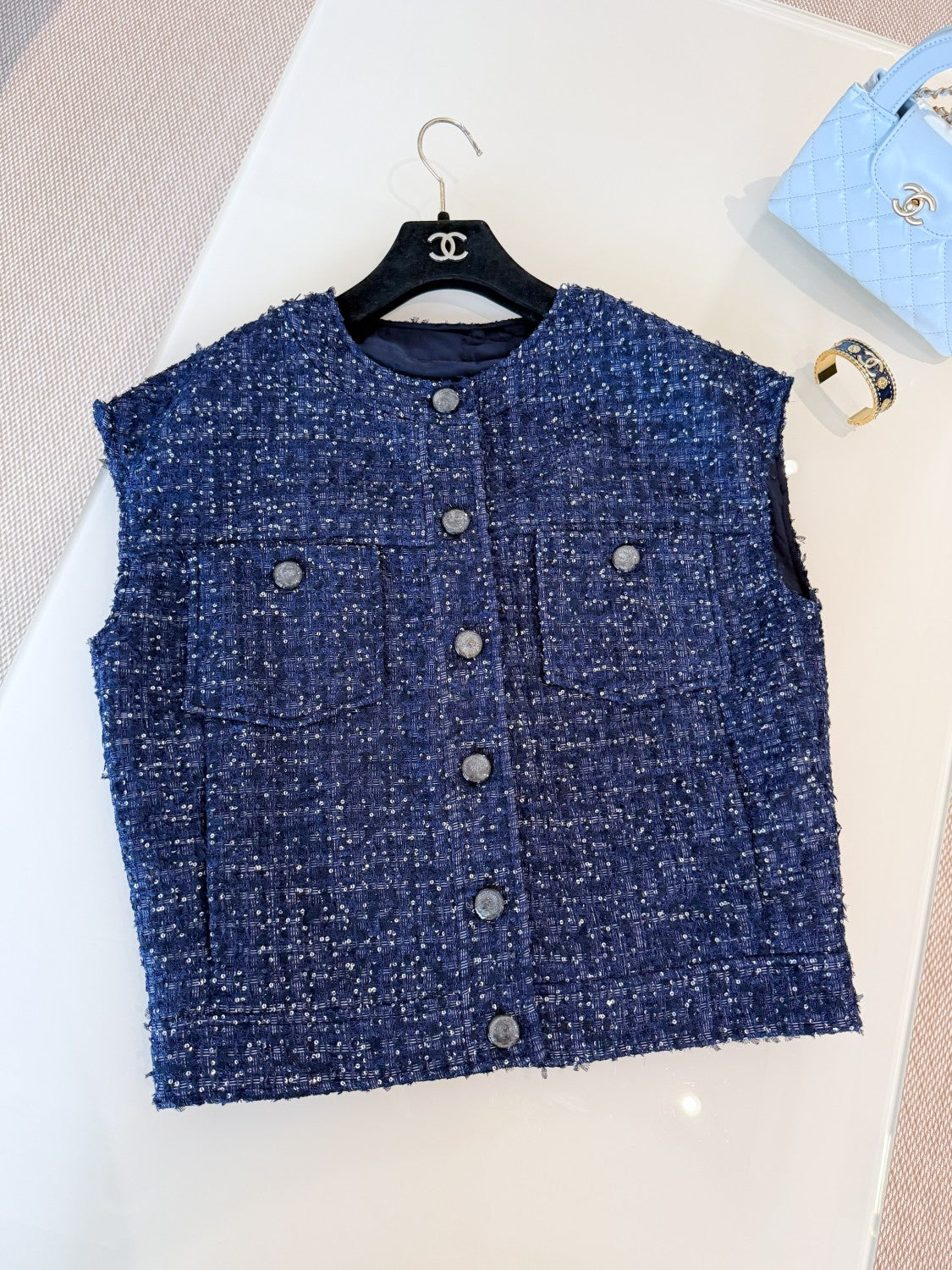 Women's Spring And Summer Sequins Tweed Single-Breasted Solid Color Round Neck Sleeveless Vest Ngvp #1933