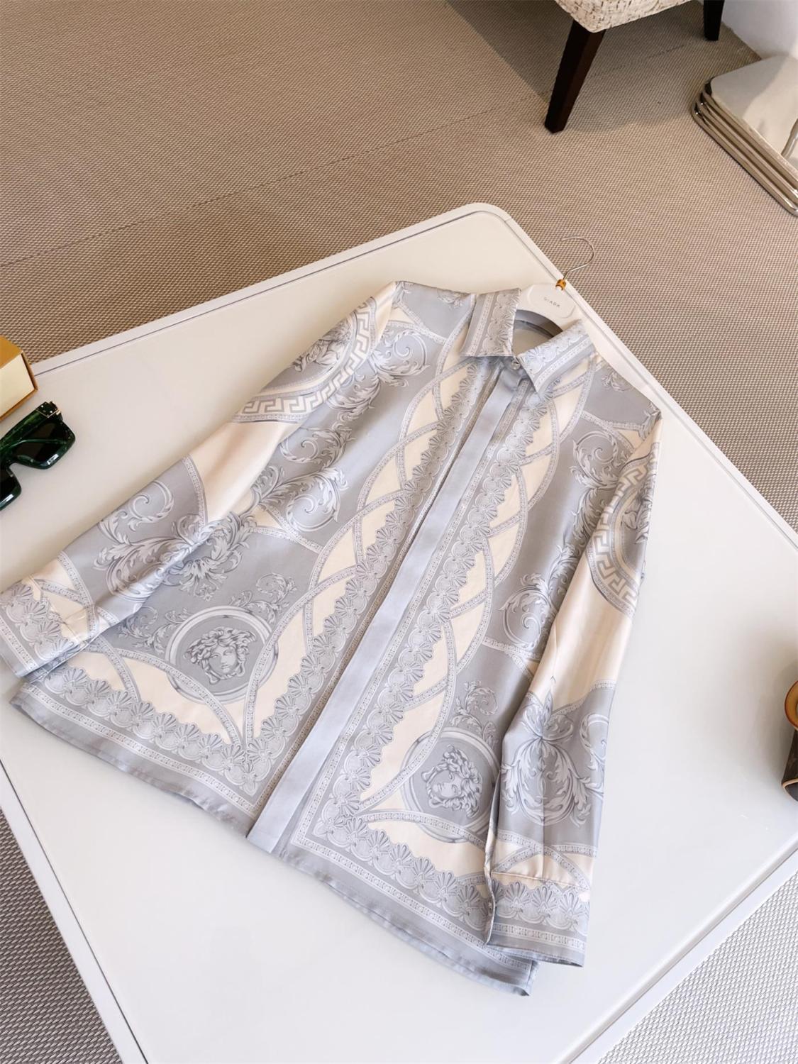 Versace Men's And Women's Summer Vacation Style Fashion Casual Flip Collar Printed Long Sleeved Silk Shirt #75228