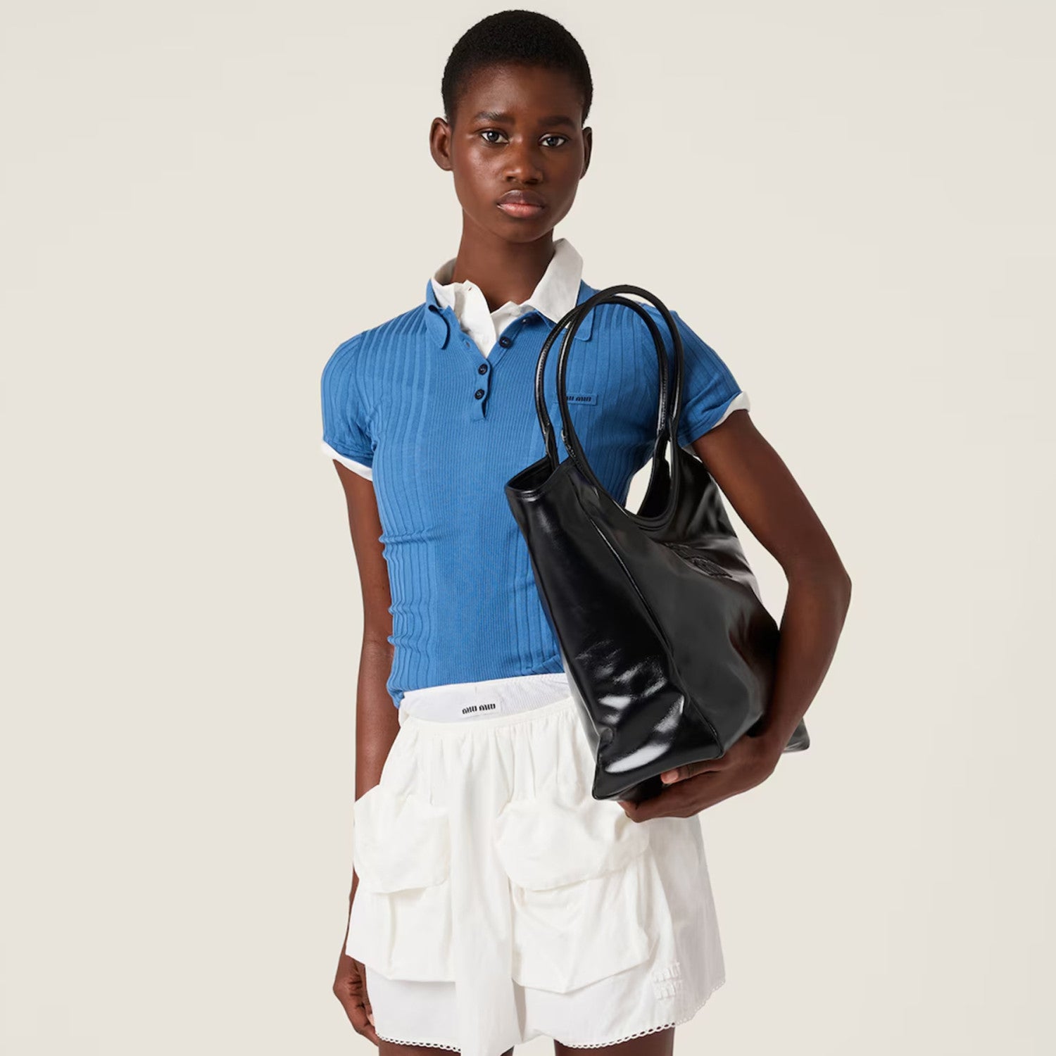 Women's Spring/Summer Pilot-Style Blue Ribbed Knit Wool Polo Shirt Fashionable Casual Cropped Slim-Fit T-Shirt #194406