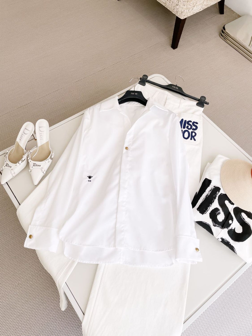 Women's Spring and Autumn Solid Color Logo Embroidery White Lapel Long Sleeve Shirt #72764