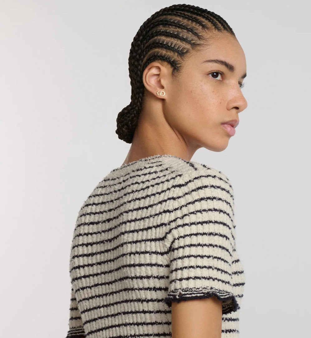 Women's Summer Logo Letter Printed Striped Round Neck Knit Short Sleeve T-Shirt #74843