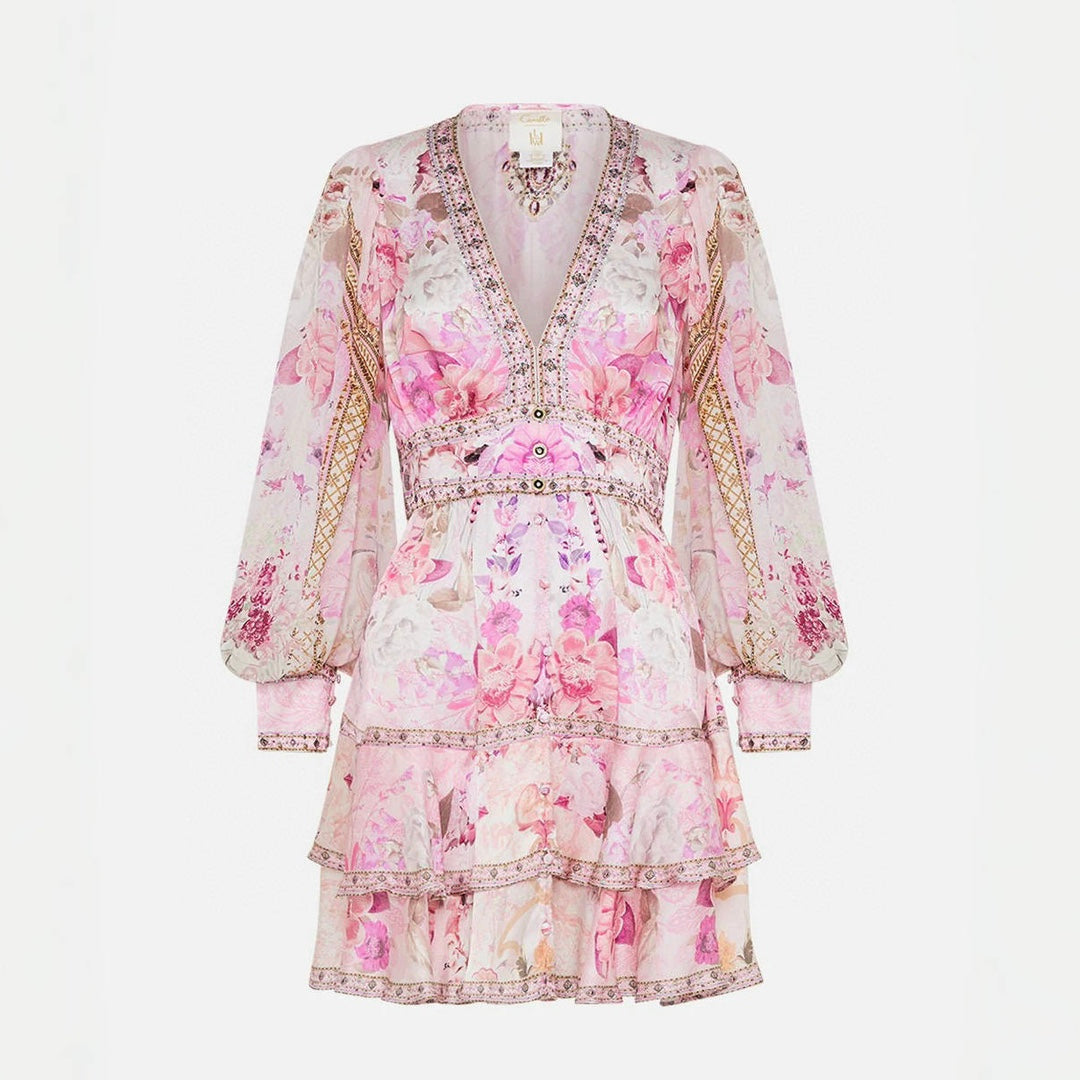 Camilla Women's Summer Pink Floral Printed V-Neck Rhinestone Embellished Silk Loose Long Sleeve Dress Ngvp #8824