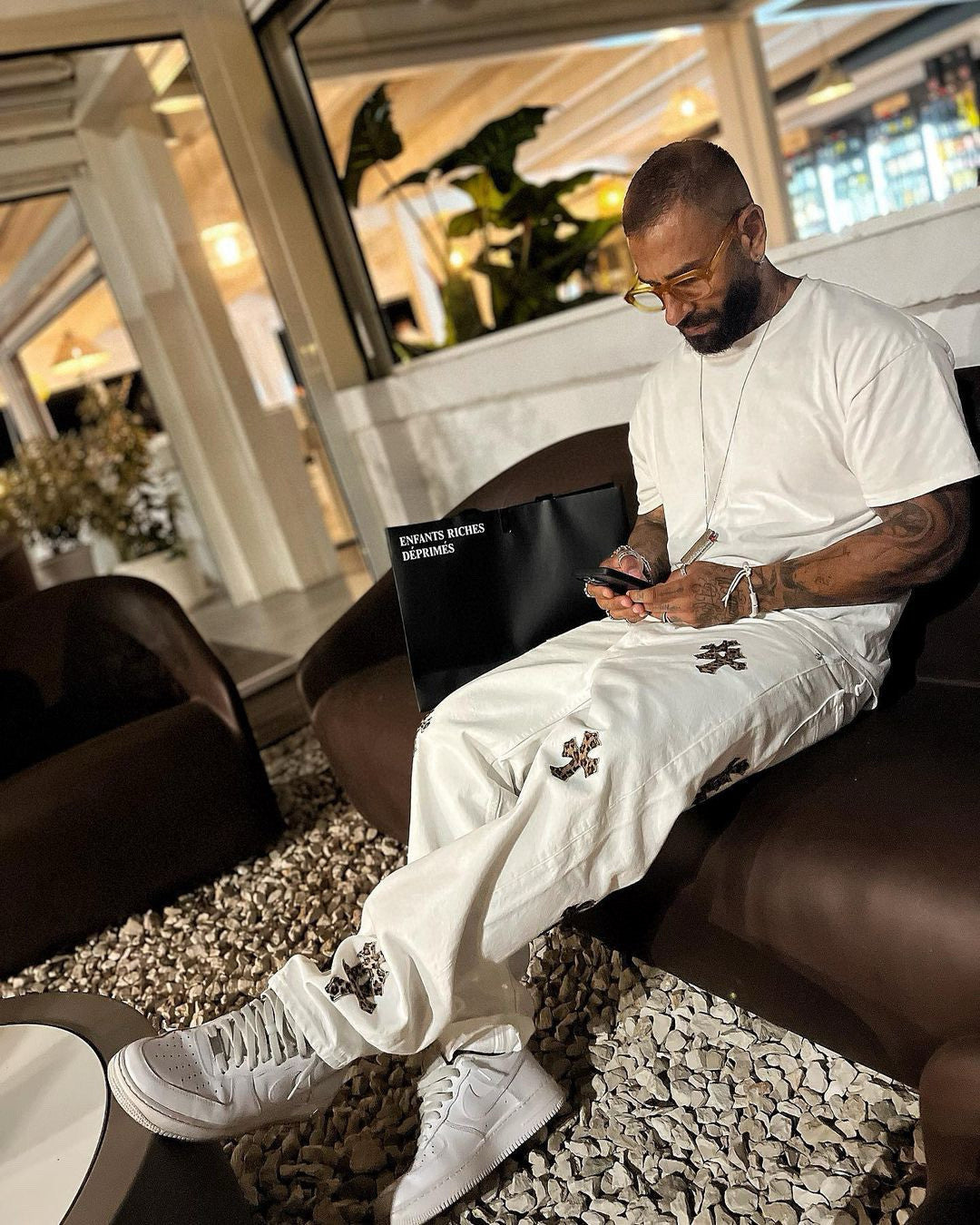 Men's Four Seasons High Street Leopard Cross Embroidered Old White Casual Straight Leg Trousers #98635