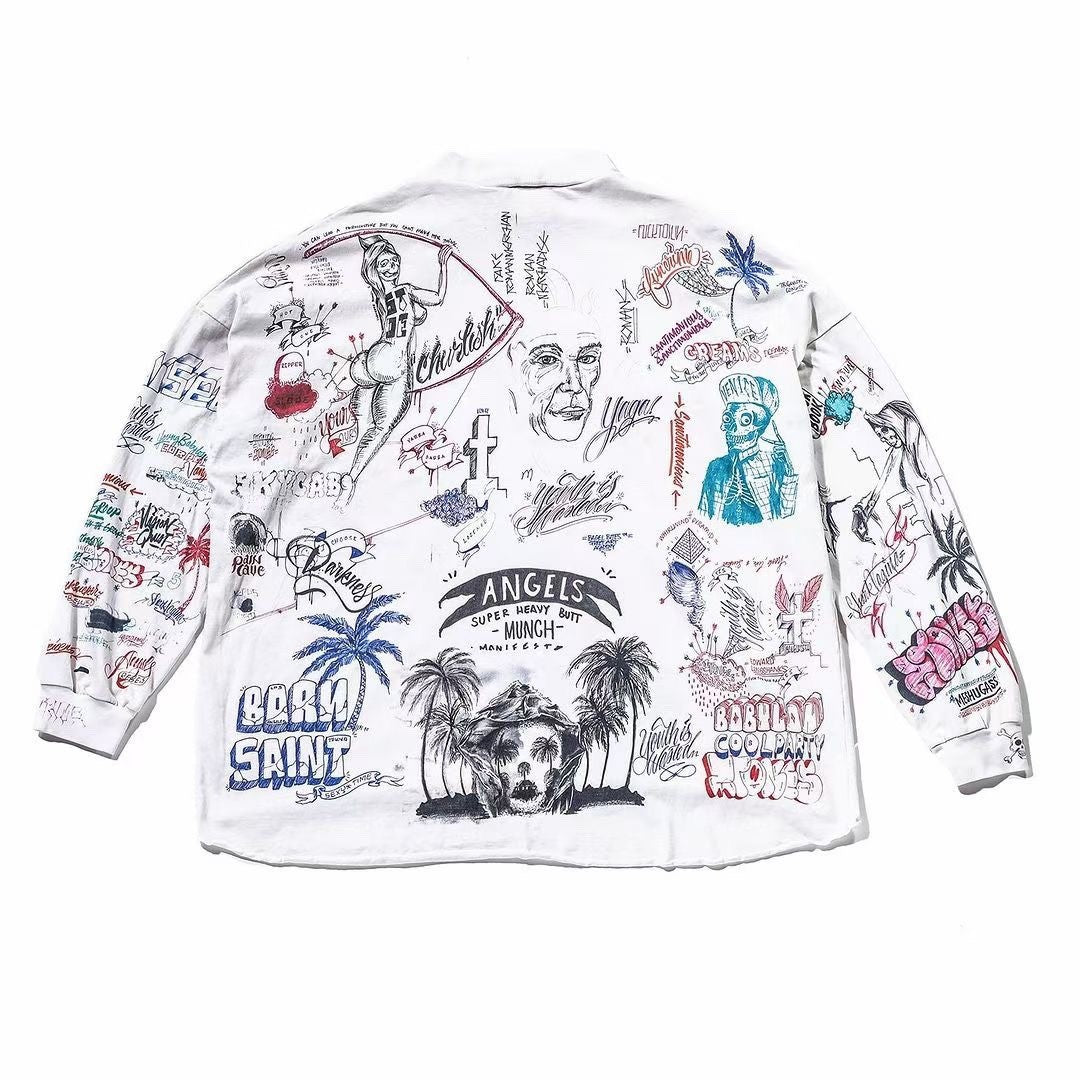 Men's And Women's Spring And Summer Graffiti Retro Hot Diamond Print Loose Casual Long Sleeved Hoodie Top Ngvp #8384